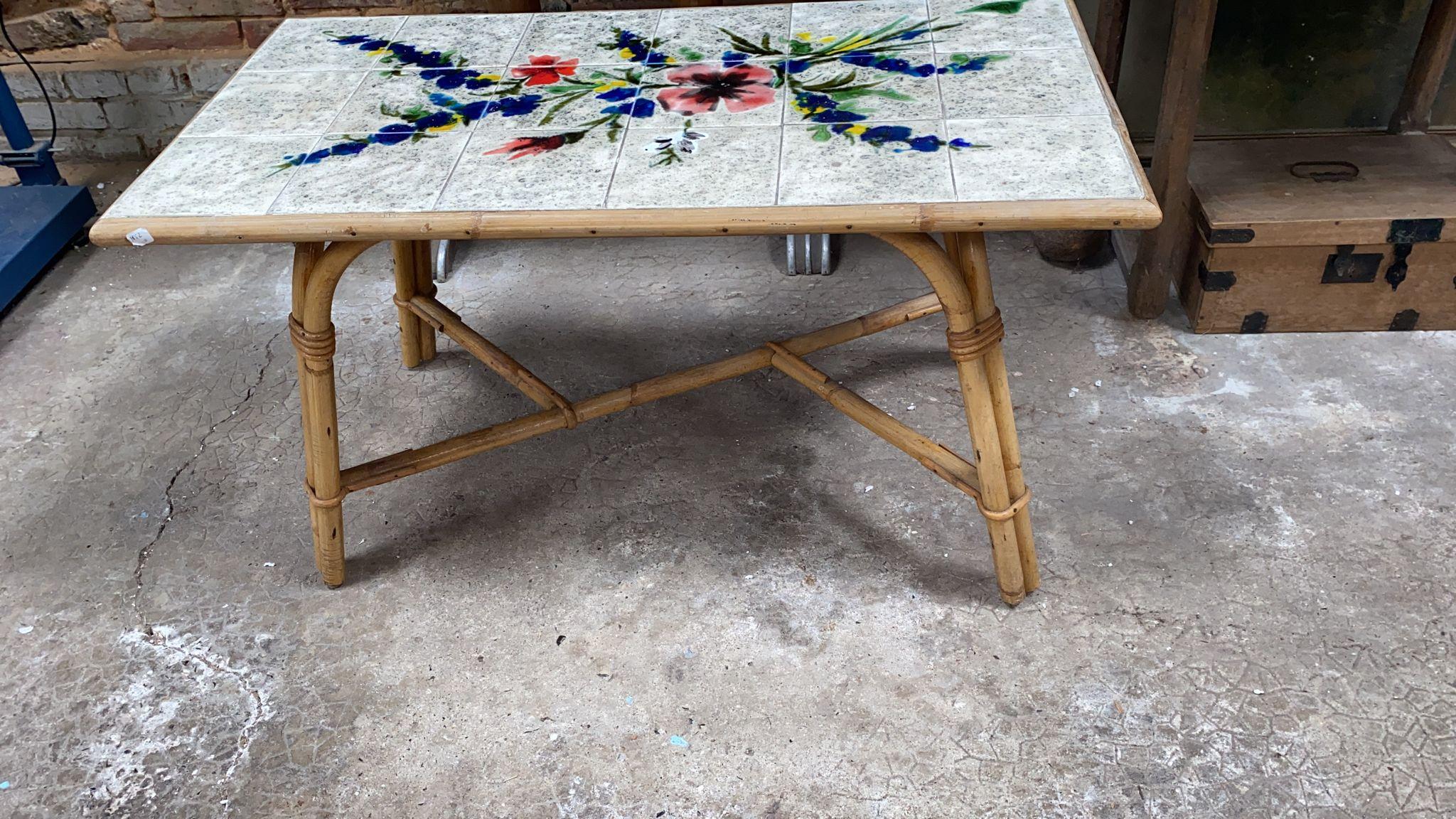 Mid-Century Modern Mid-Century Rattan & Ceramic Tiles Coffee Table Adrien Audoux & Frida Minet For Sale