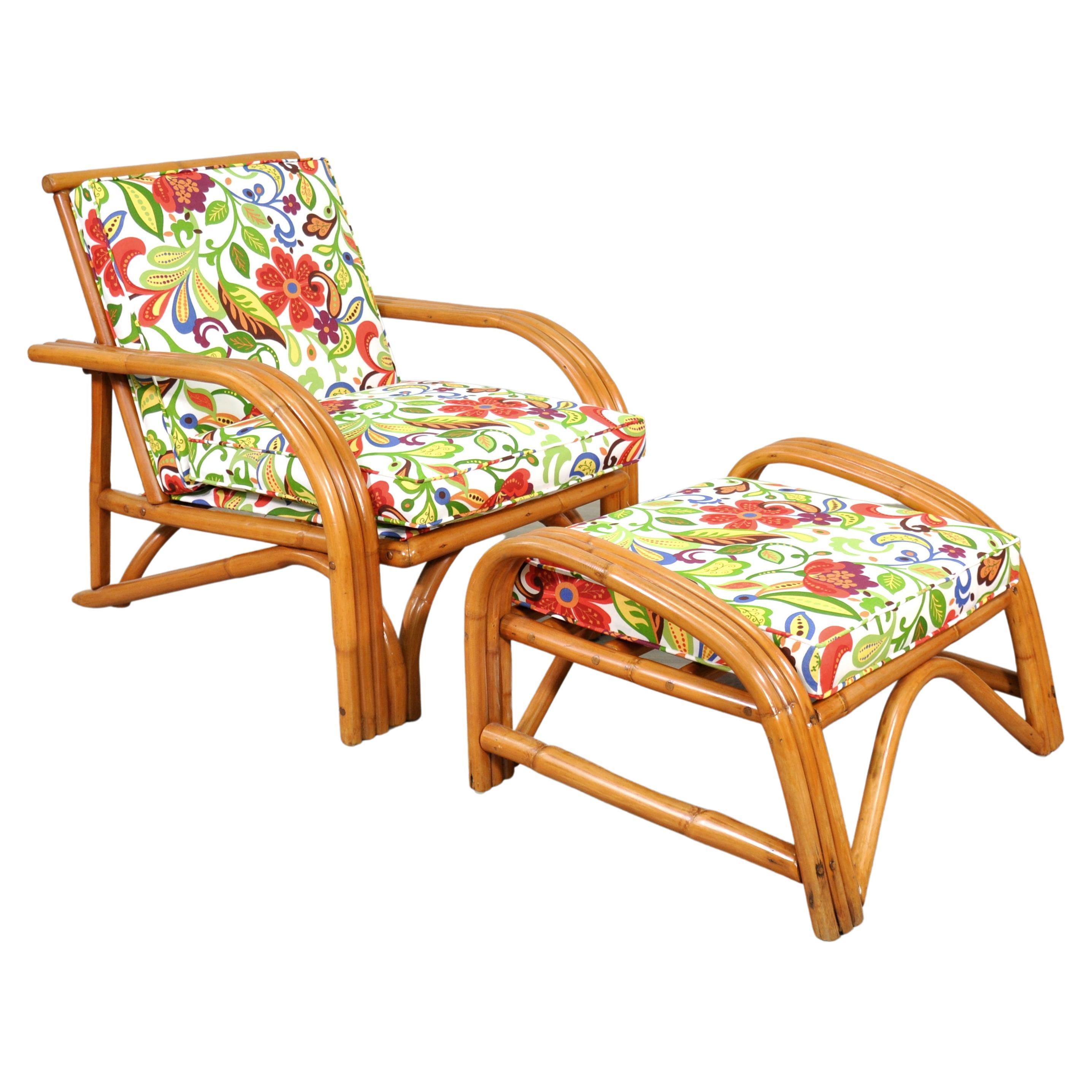 American Midcentury Rattan Chair and Ottoman W/ Josef Frank Style Fabric For Sale