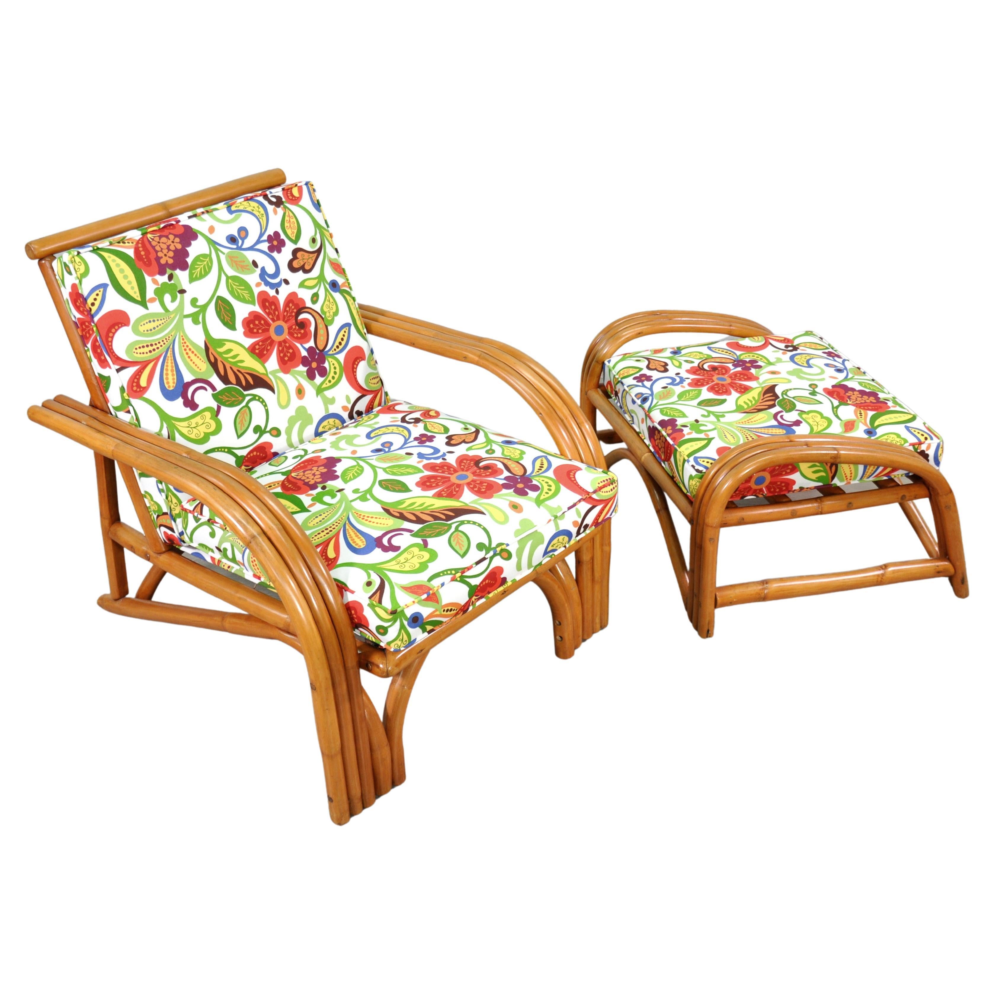 Midcentury Rattan Chair and Ottoman W/ Josef Frank Style Fabric In Excellent Condition For Sale In Miami, FL
