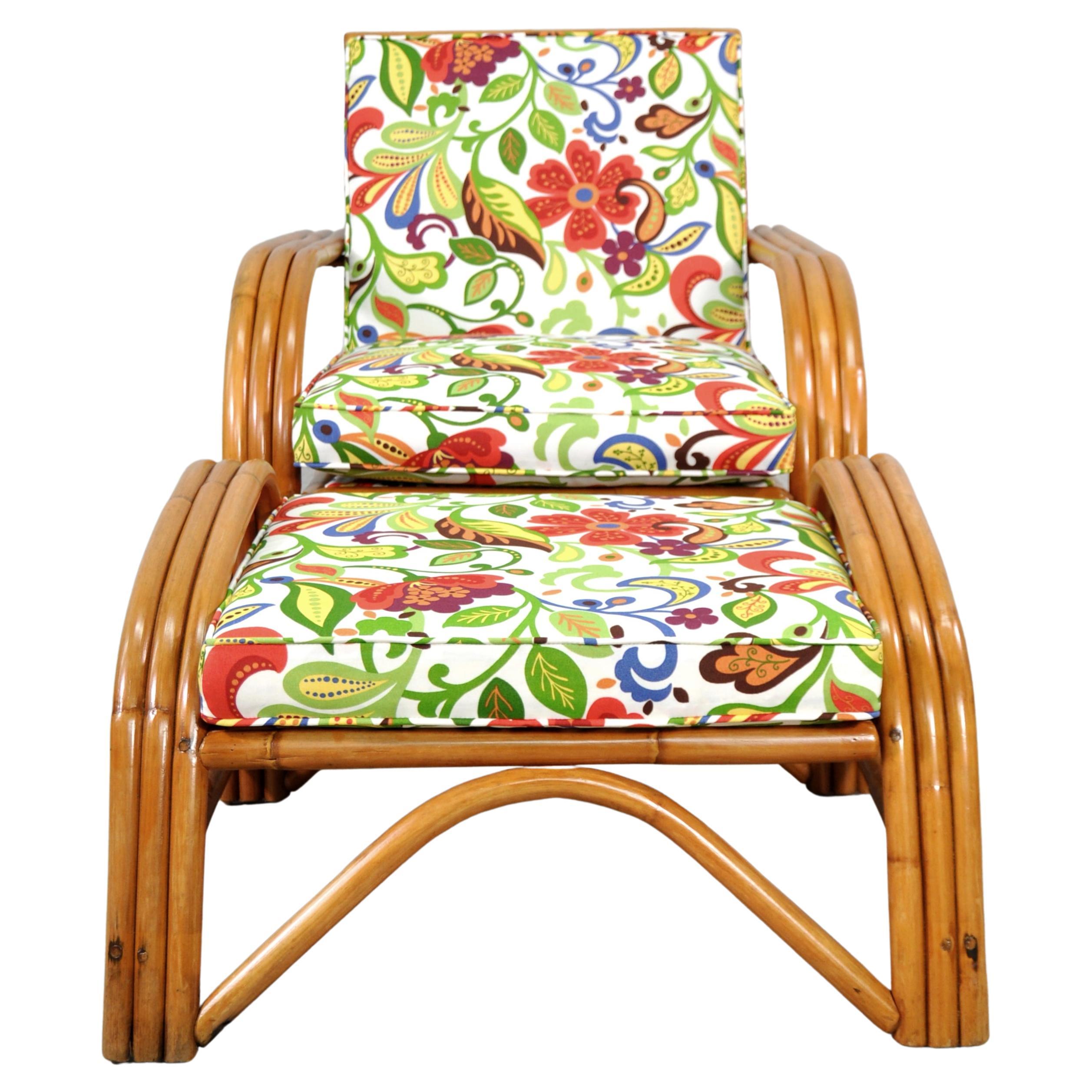 Mid-20th Century Midcentury Rattan Chair and Ottoman W/ Josef Frank Style Fabric For Sale