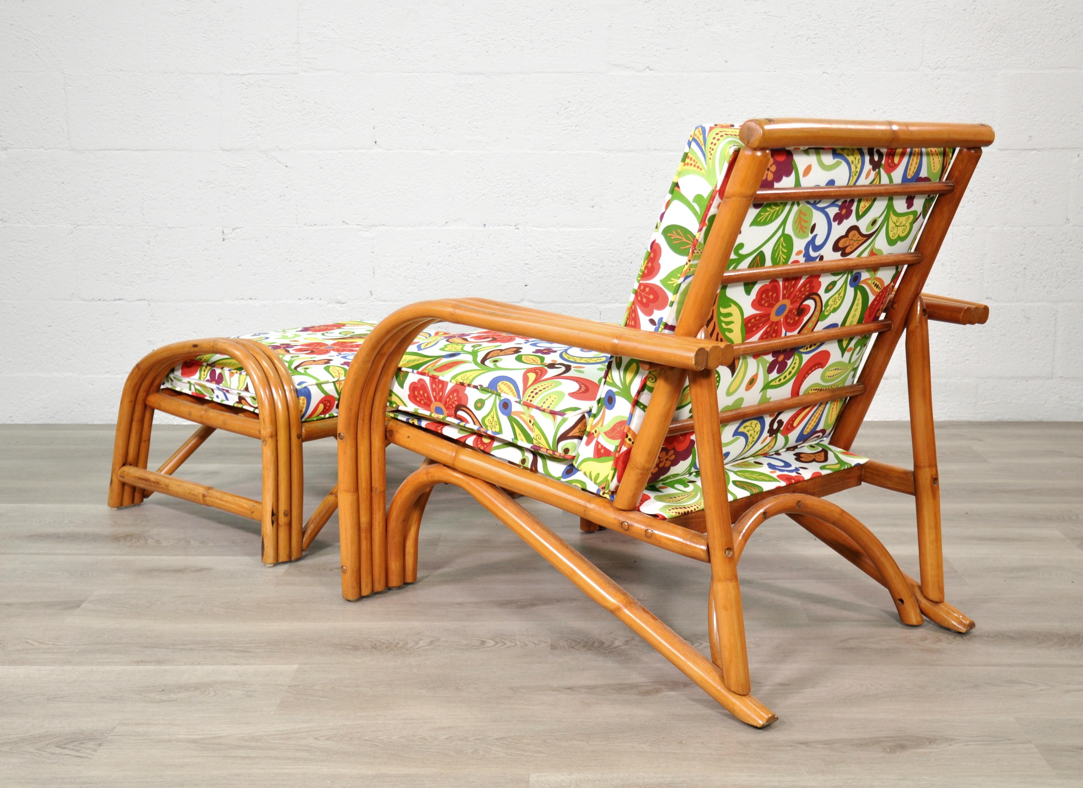 Midcentury Rattan Chair and Ottoman W/ Josef Frank Style Fabric For Sale 1