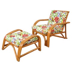 Vintage Midcentury Rattan Chair and Ottoman W/ Josef Frank Style Fabric