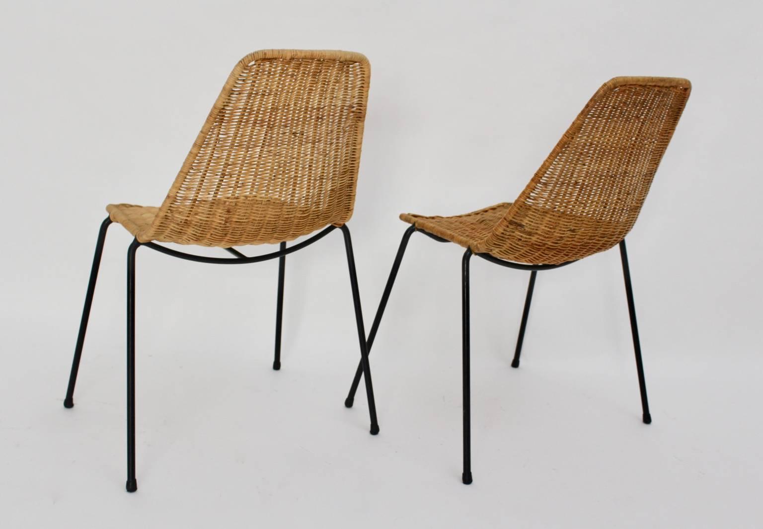 Midcentury Modern Rattan Two Chairs Basket Gian Franco Legler, 1951, Switzerland In Good Condition In Vienna, AT