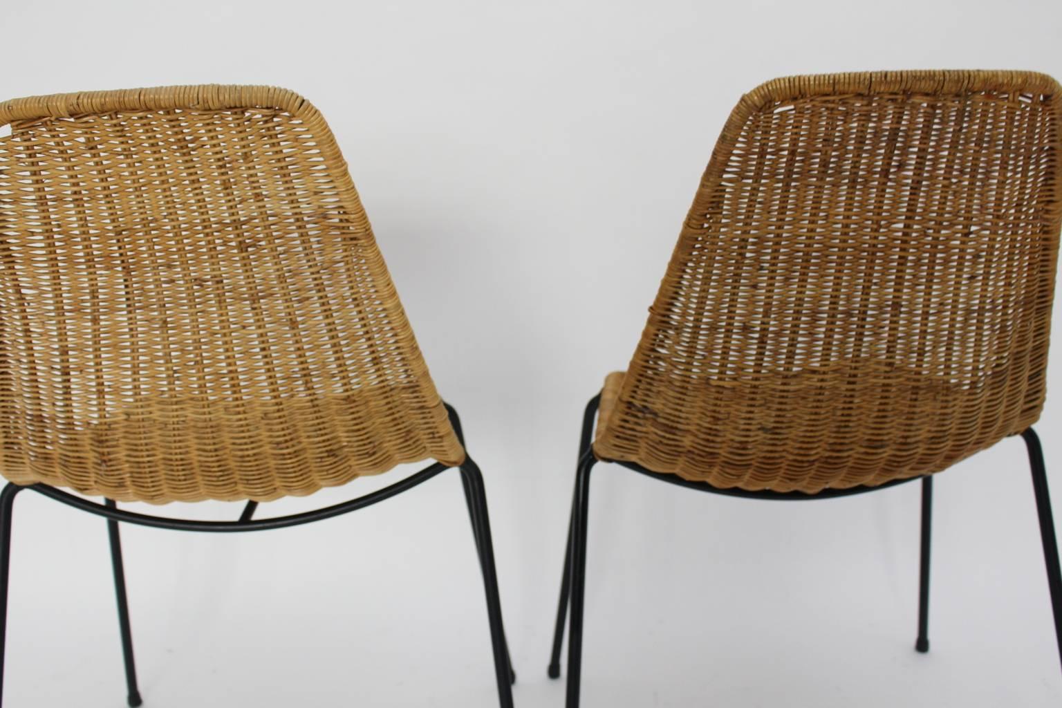 Metal Midcentury Modern Rattan Two Chairs Basket Gian Franco Legler, 1951, Switzerland