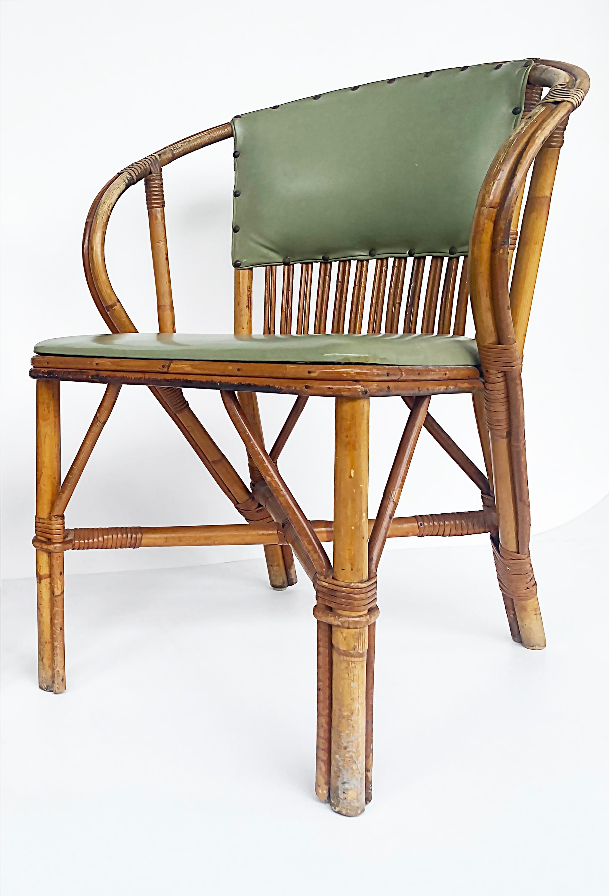 MidCentury Rattan Chairs with Leather Padded Backs and Seats, Pair For