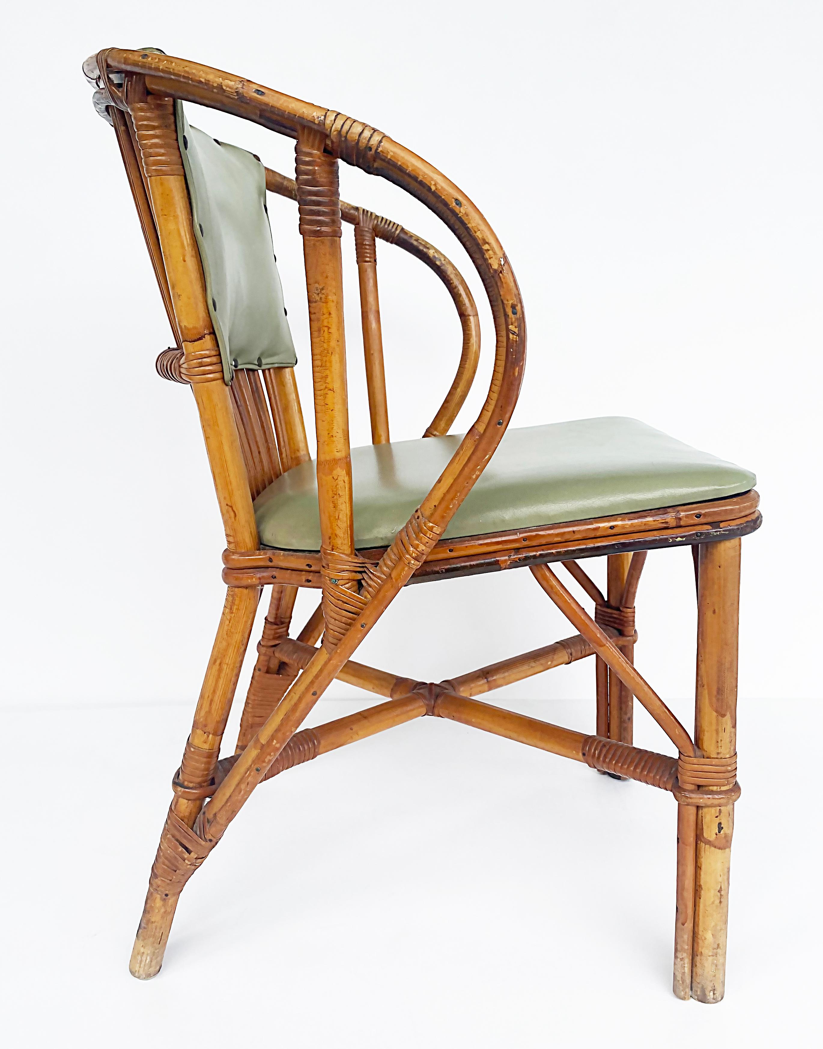 MidCentury Rattan Chairs with Leather Padded Backs and Seats, Pair For