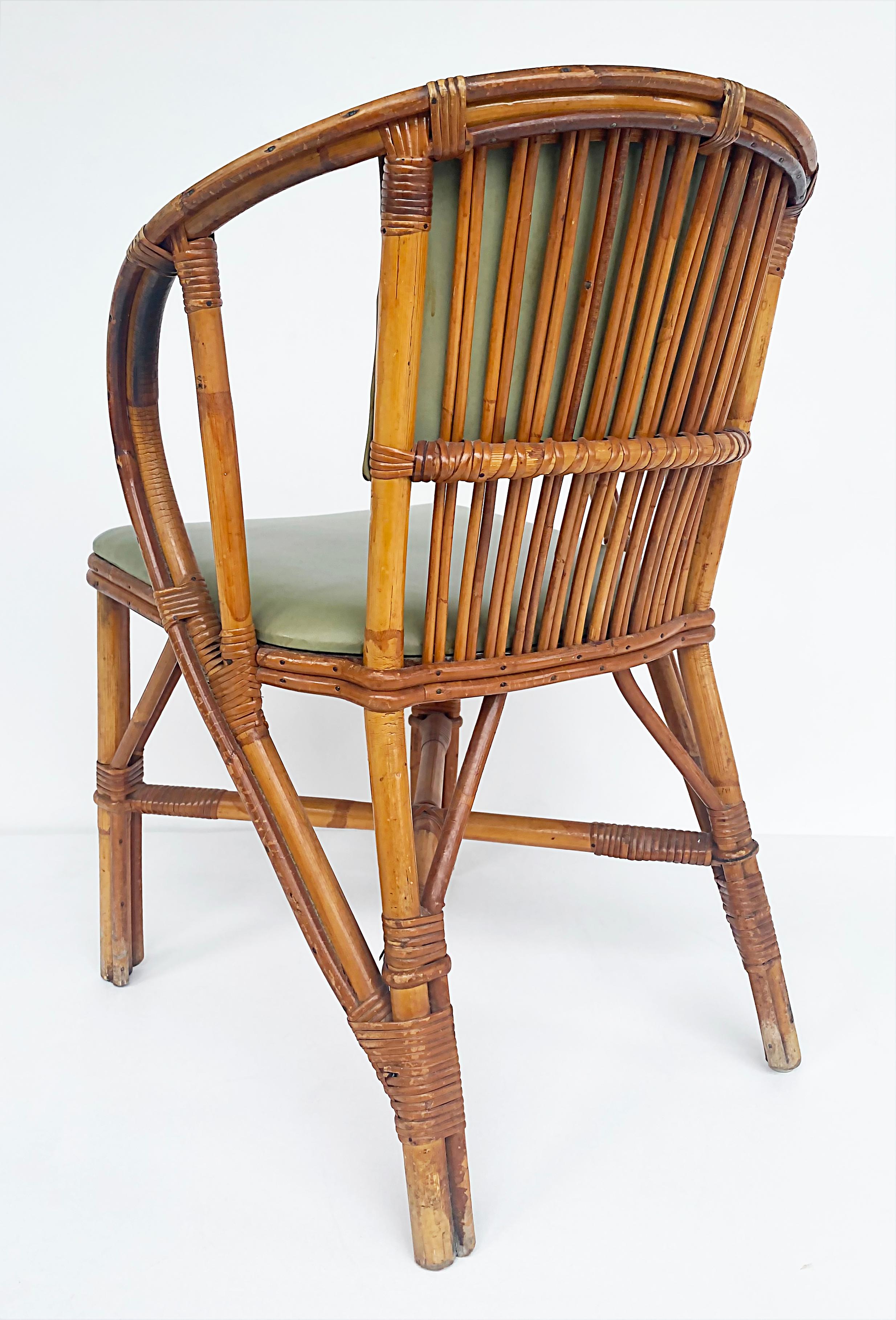 Mid-Century Rattan Chairs with Leather Padded Backs and Seats, Pair For