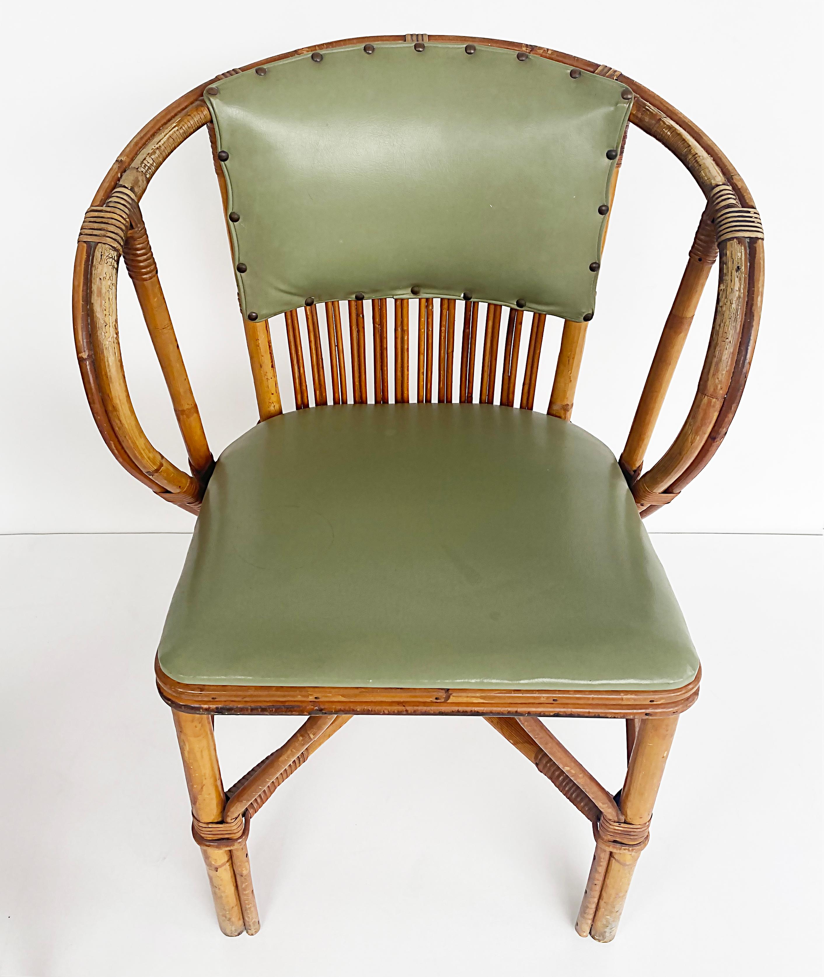 MidCentury Rattan Chairs with Leather Padded Backs and Seats, Pair For