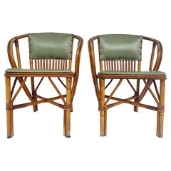Mid-Century Rattan Chairs with Leather Padded Backs and Seats, Pair