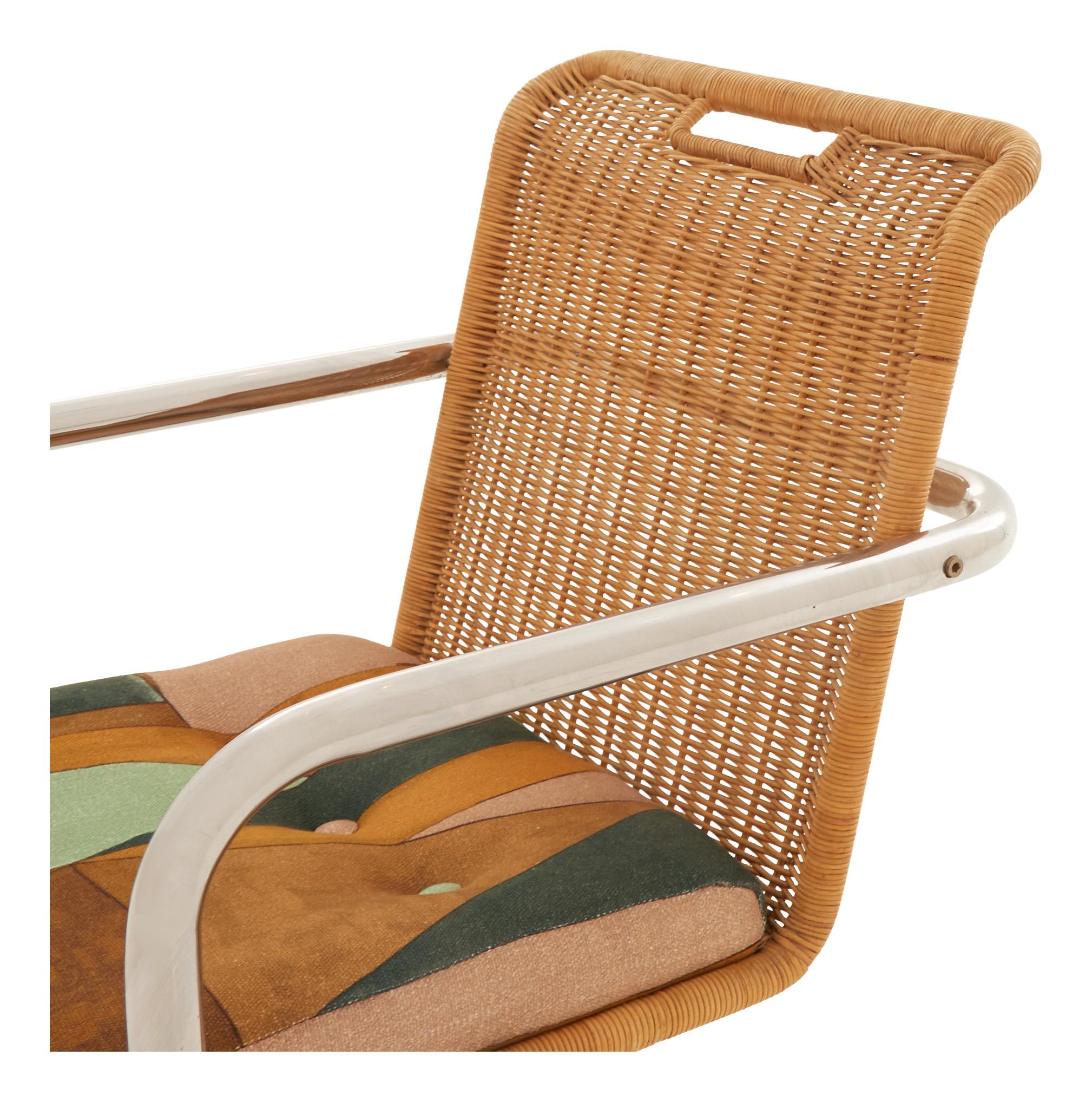 American Midcentury Rattan and Chrome Cantilever Chair For Sale