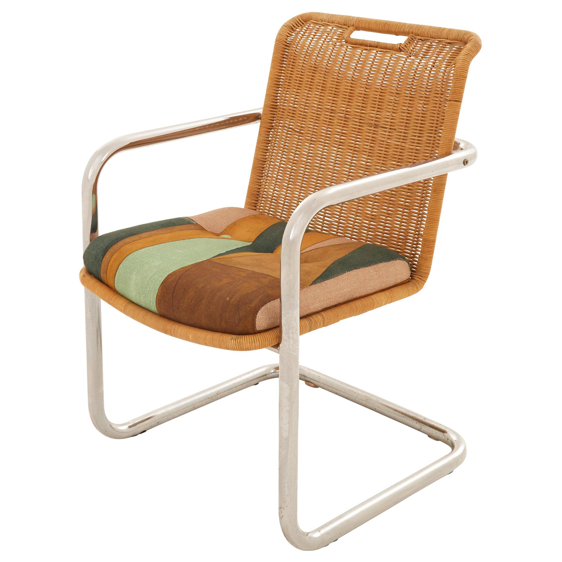 Midcentury Rattan and Chrome Cantilever Chair For Sale