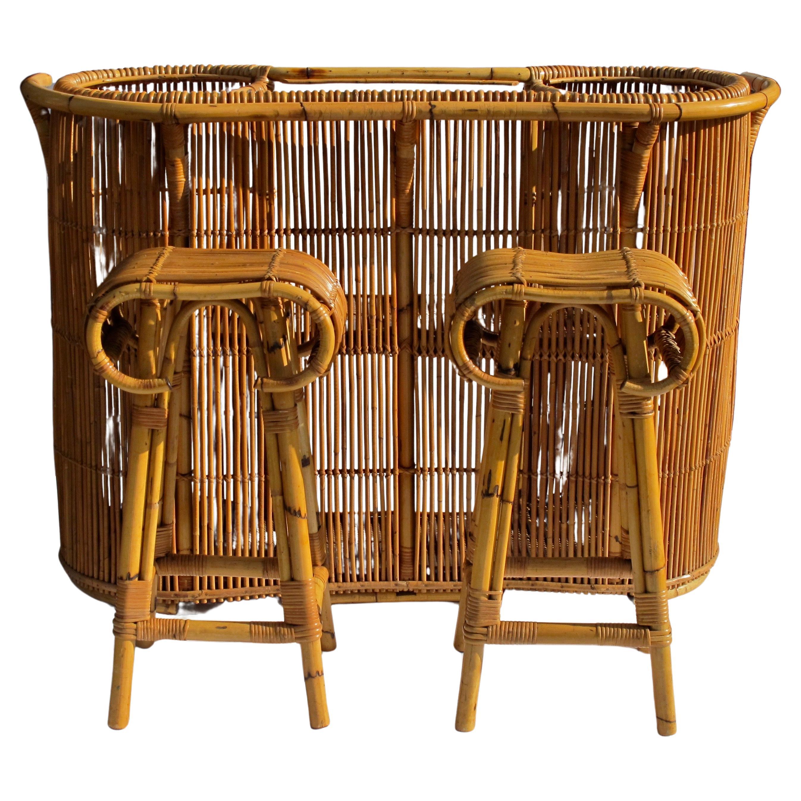 Mid-Century Rattan Cocktail Bar With Three Stools, 1960's