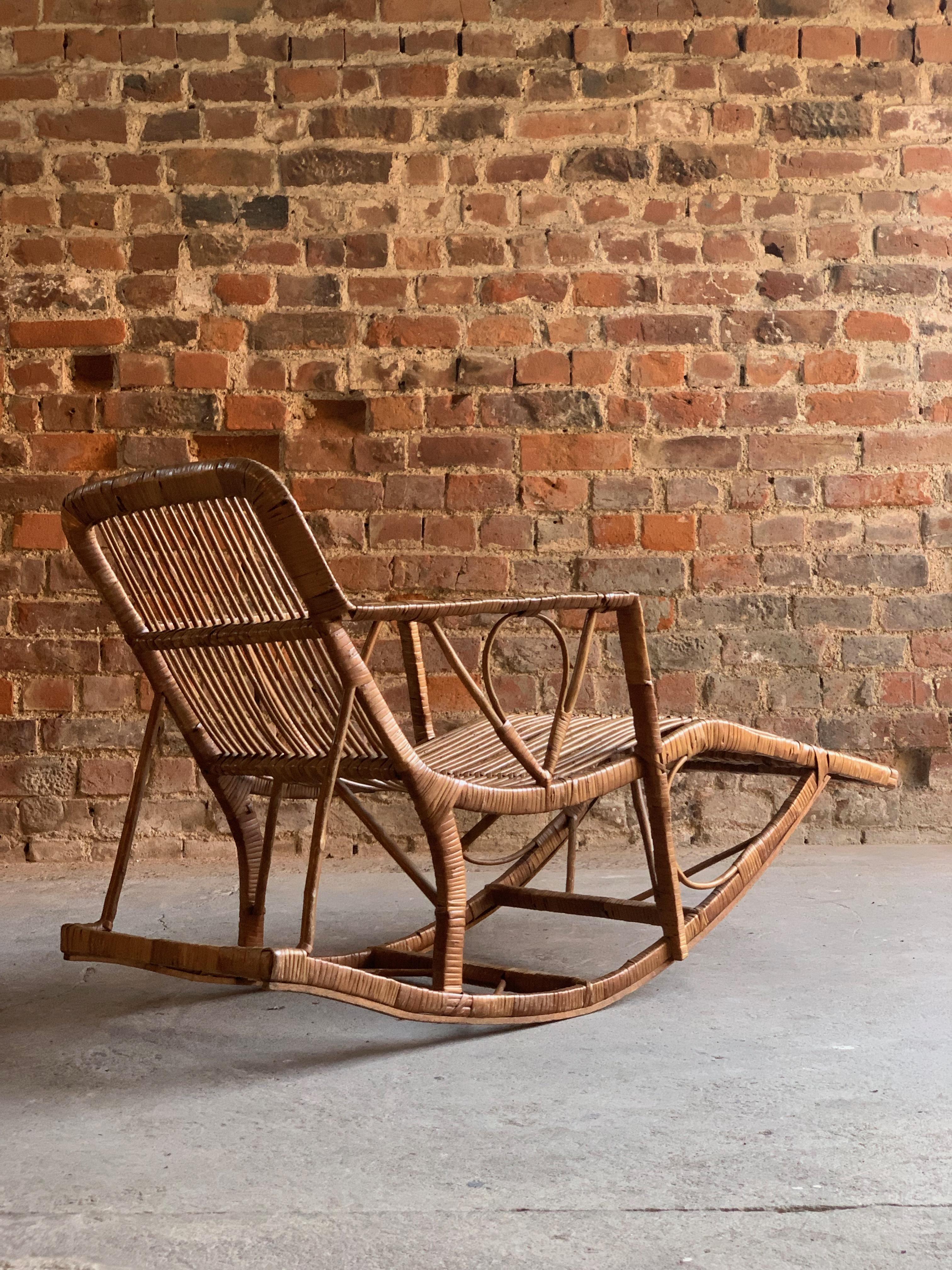 Portuguese Midcentury Rattan Daybed Chaise Longue Rocker Madeira, circa 1950