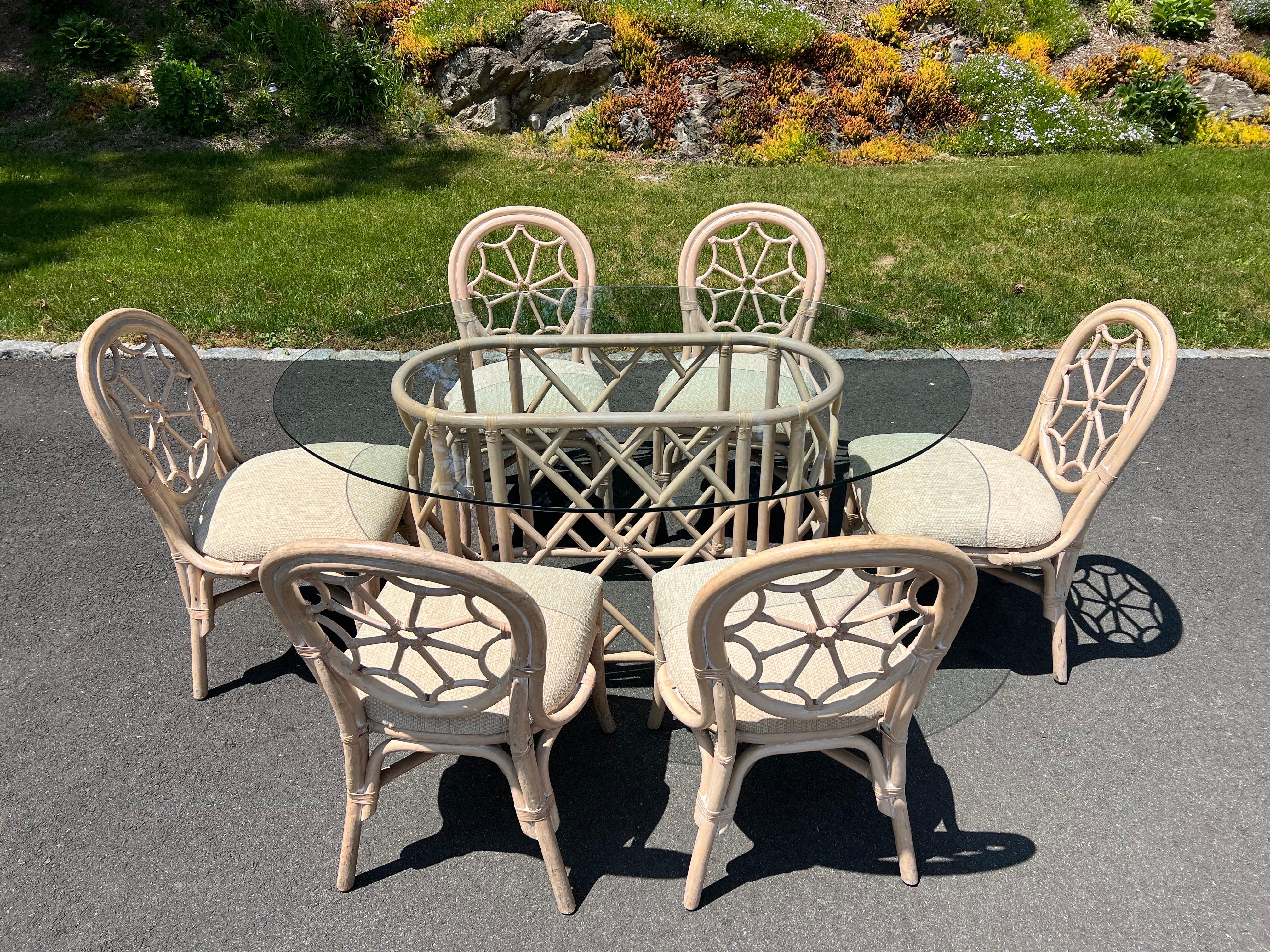Bohemian Mid Century Rattan Dining Set with Six Chairs For Sale