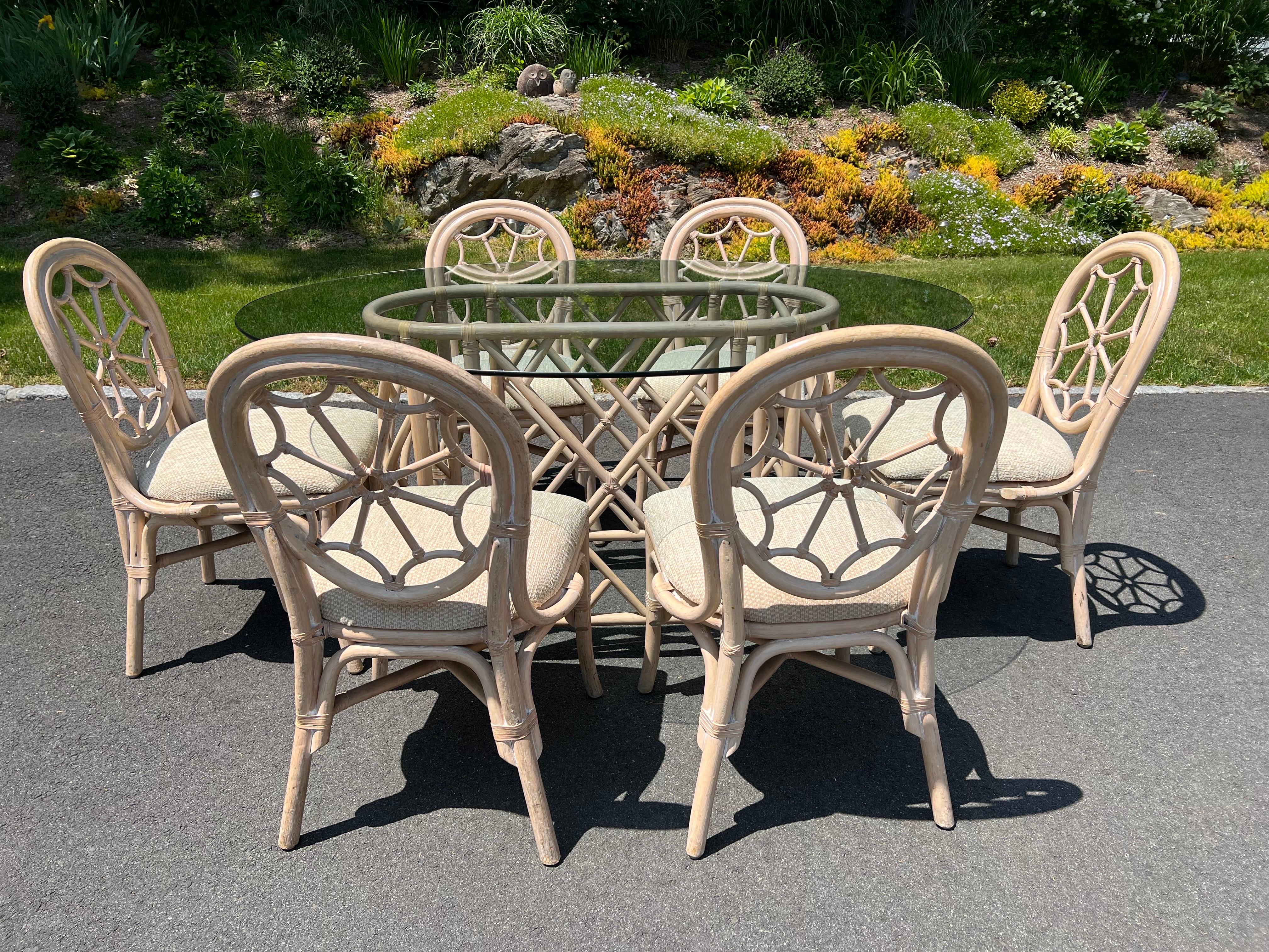 Palm Beach Rattan Dining Set with Six Chairs In Good Condition For Sale In Redding, CT