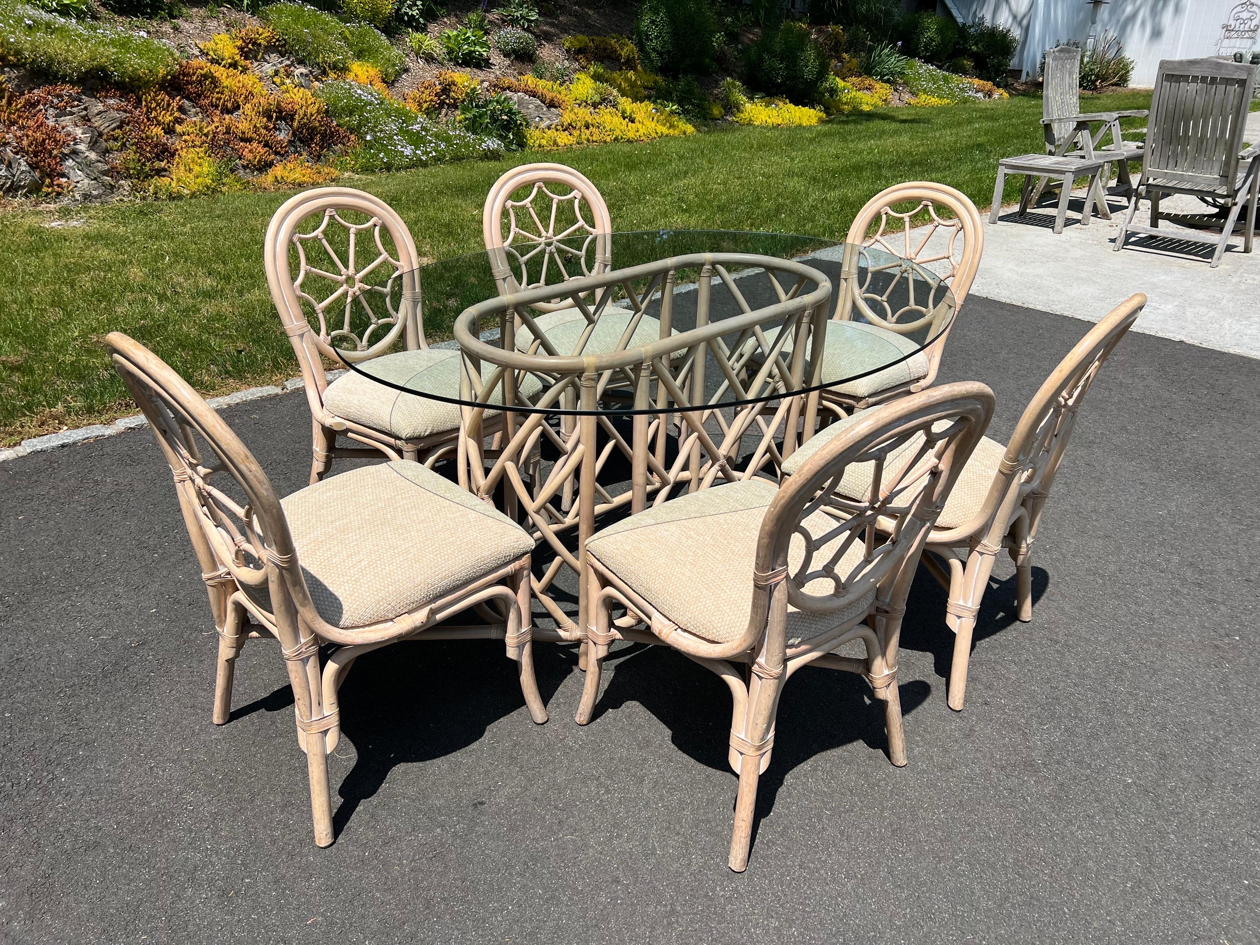 Bamboo Mid Century Rattan Dining Set with Six Chairs For Sale