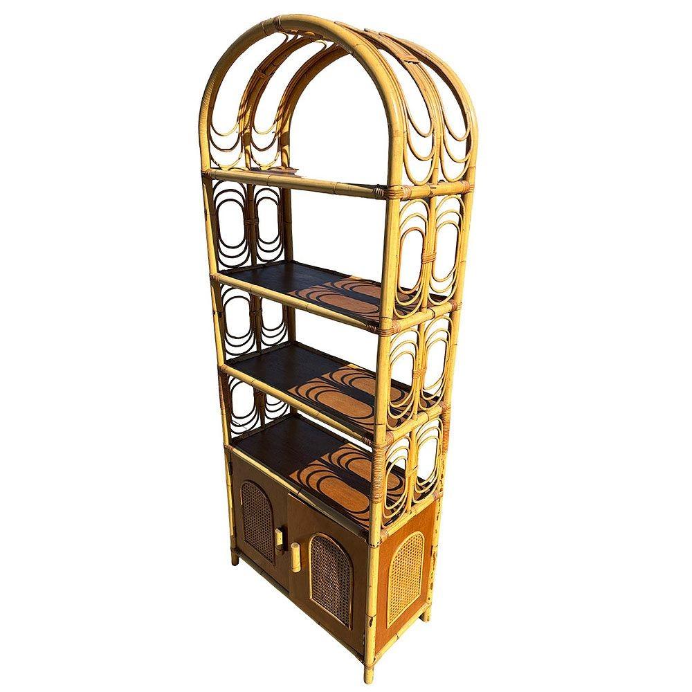 Mid-Century Modern Mid-century Rattan Etagere Display Curio Cabinet w/ Mahogany Shelfs For Sale