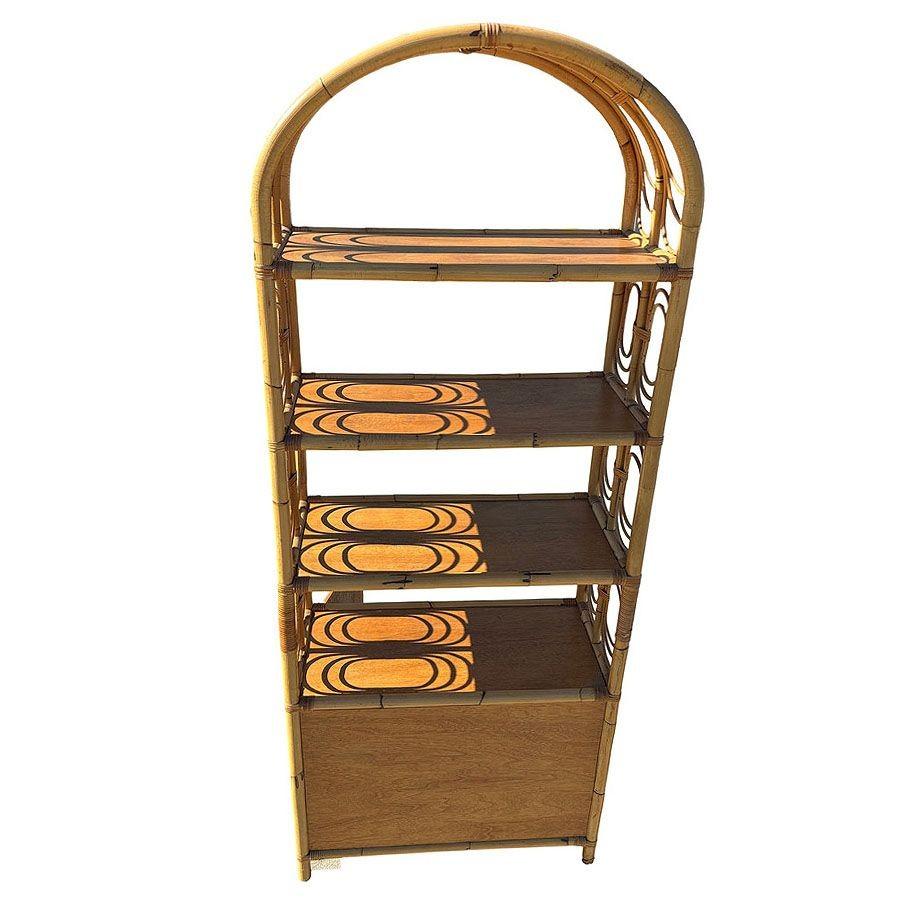 Late 20th Century Mid-century Rattan Etagere Display Curio Cabinet w/ Mahogany Shelfs For Sale