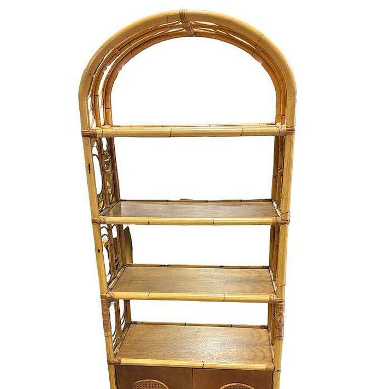 Wicker Mid-century Rattan Etagere Display Curio Cabinet w/ Mahogany Shelfs For Sale
