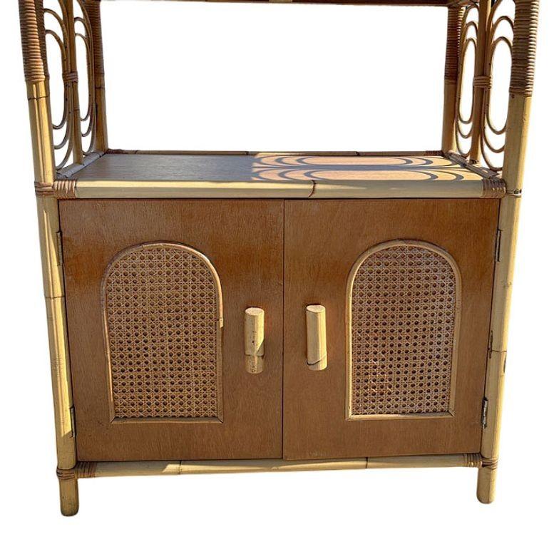 Mid-century Rattan Etagere Display Curio Cabinet w/ Mahogany Shelfs For Sale 1