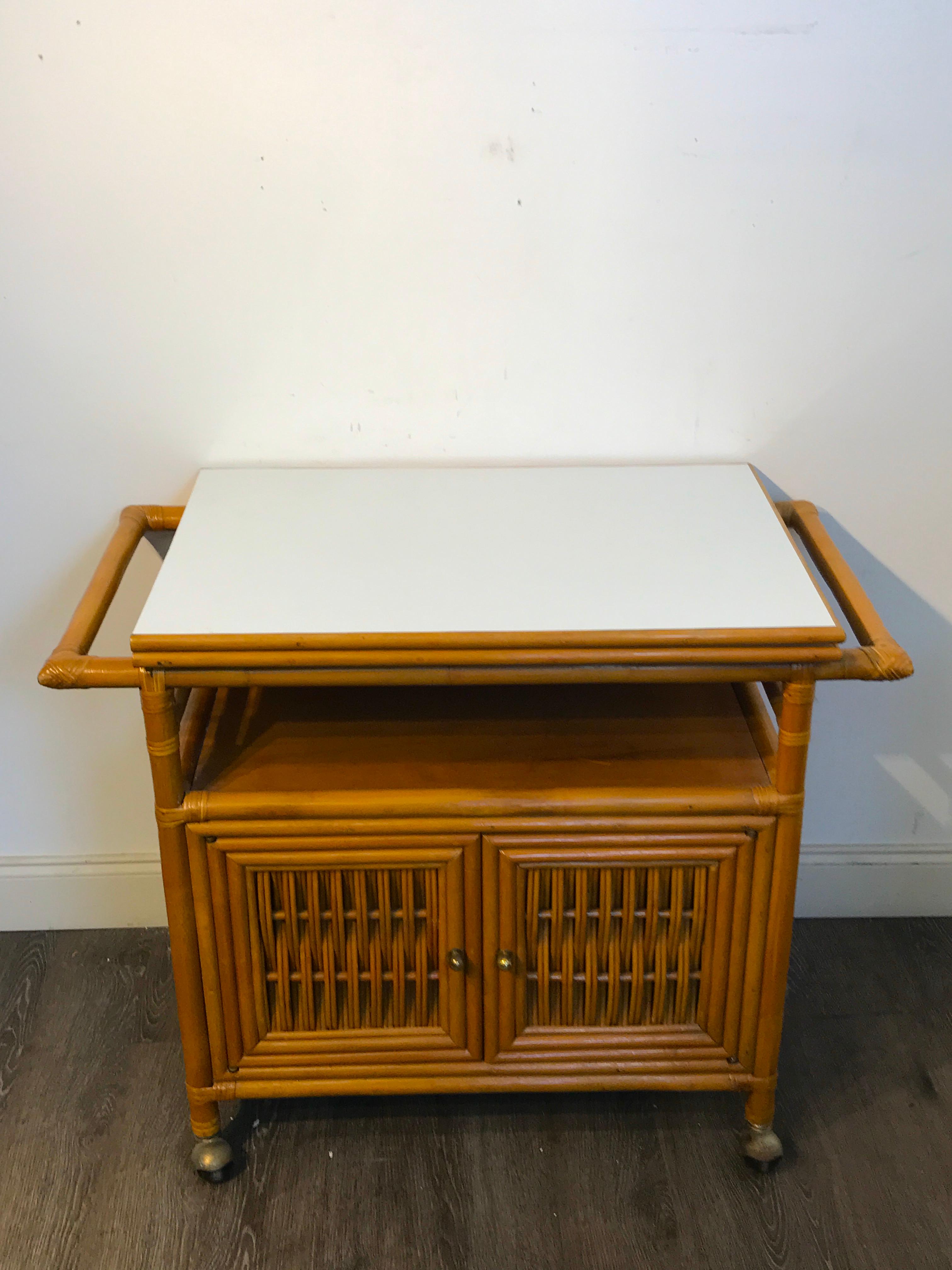 Midcentury rattan expandable bar cart, with a double lacquered 30