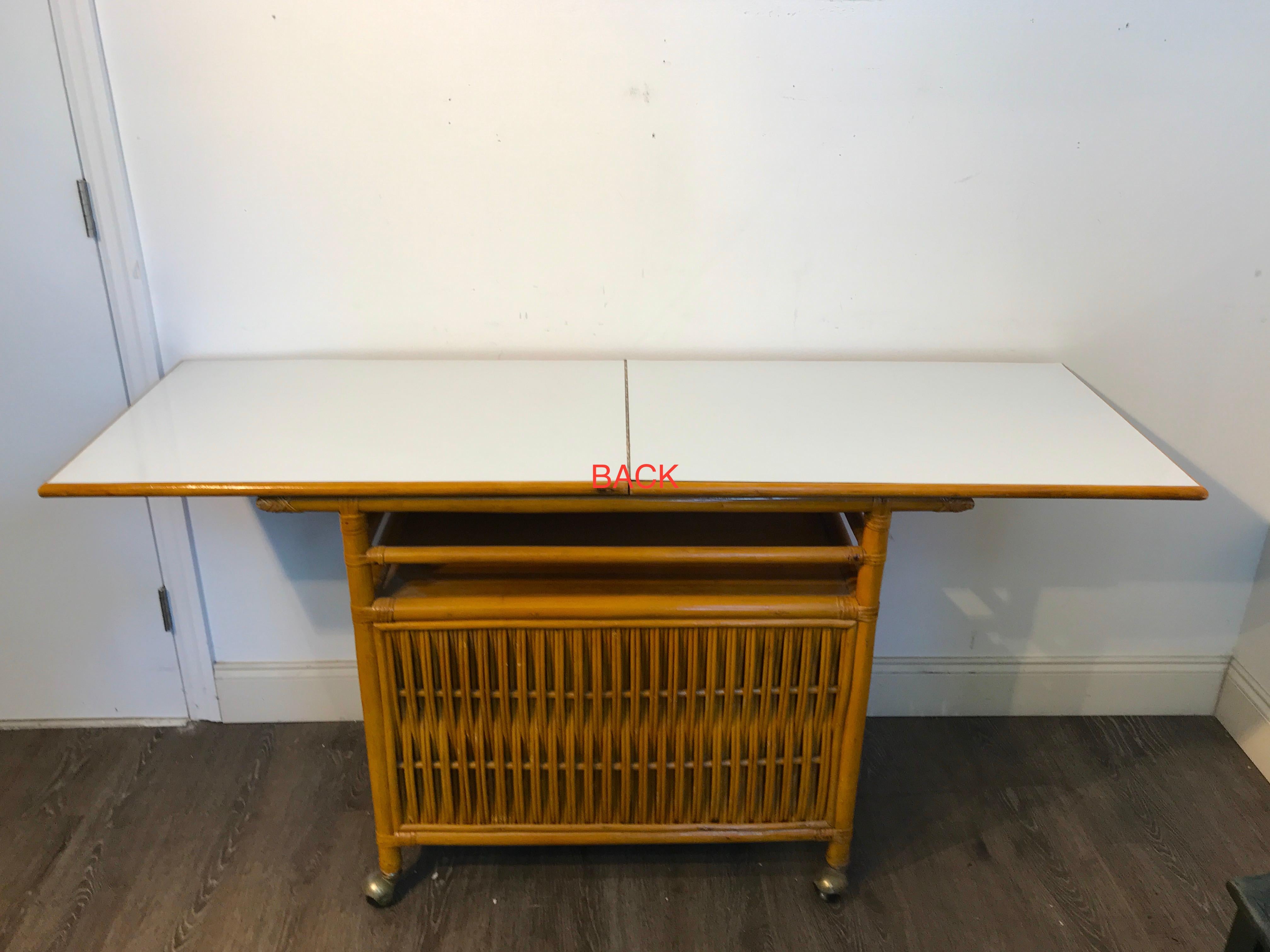 Midcentury Rattan Expandable Bar Cart 1