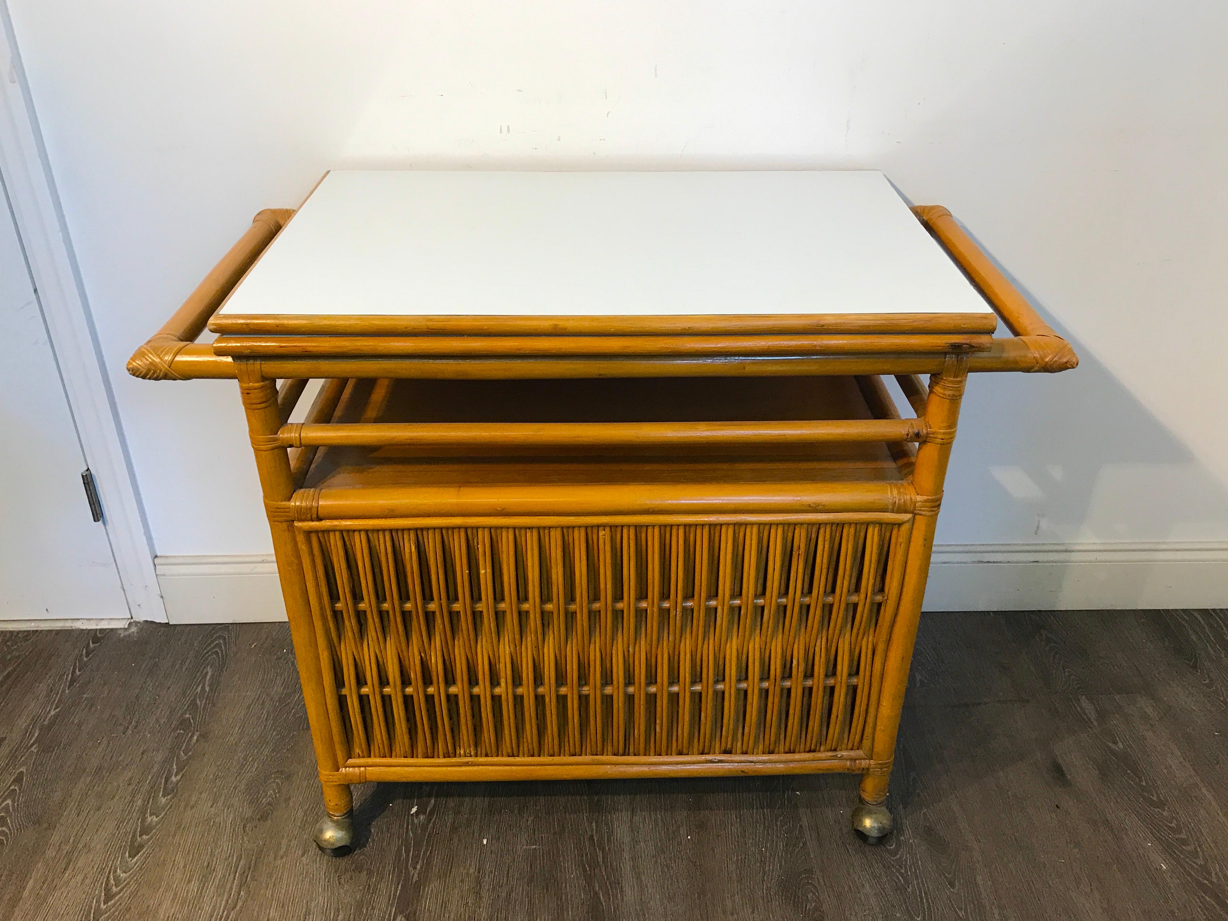 Midcentury Rattan Expandable Bar Cart 2