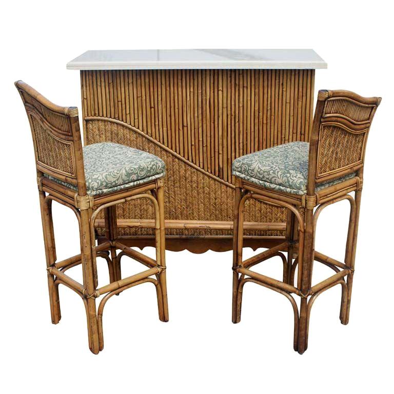 Mid Century Rattan Granite Top Bar With Two Stools