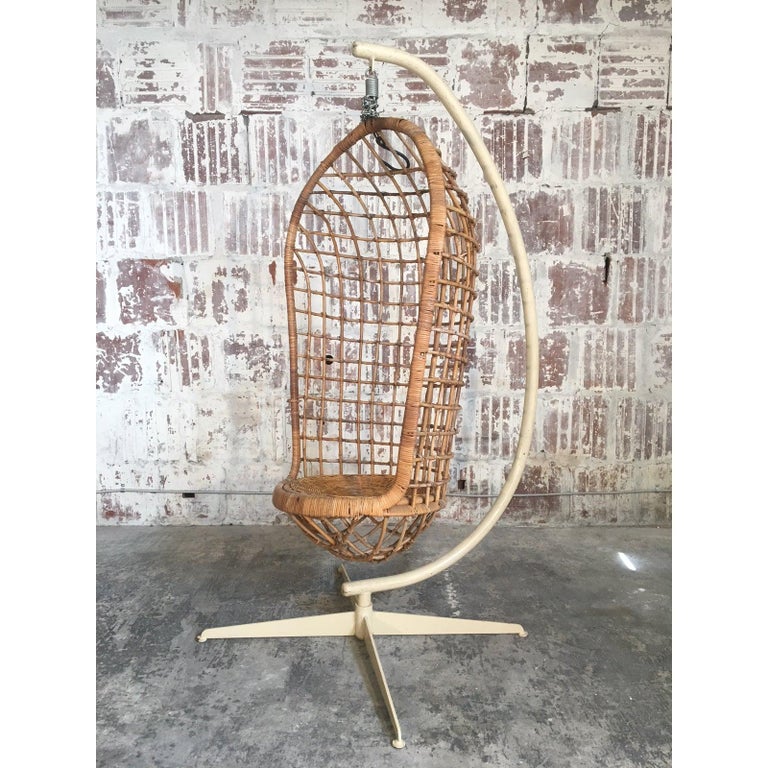 Hollywood Regency Midcentury Rattan Hanging Pod Chair with Stand