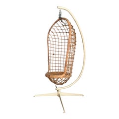 Retro Midcentury Rattan Hanging Pod Chair with Stand