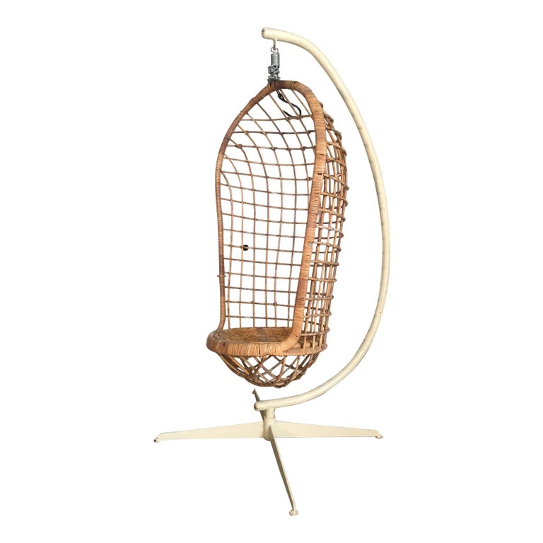 Midcentury Rattan Hanging Pod Chair with Stand
