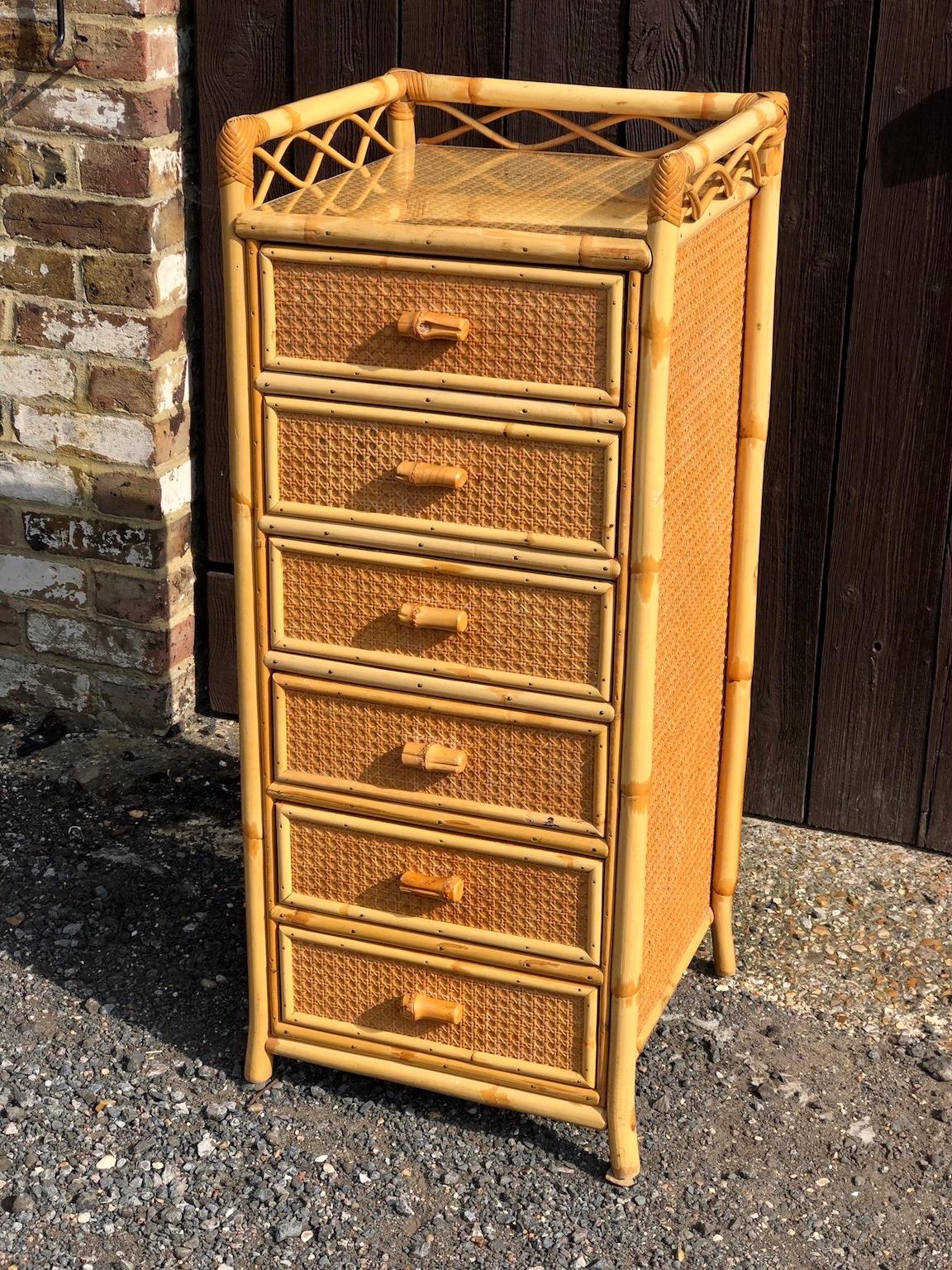 Late 20th Century Midcentury Rattan Highboy / Tallboy Chest of Drawers by Angraves, England, 1970s For Sale