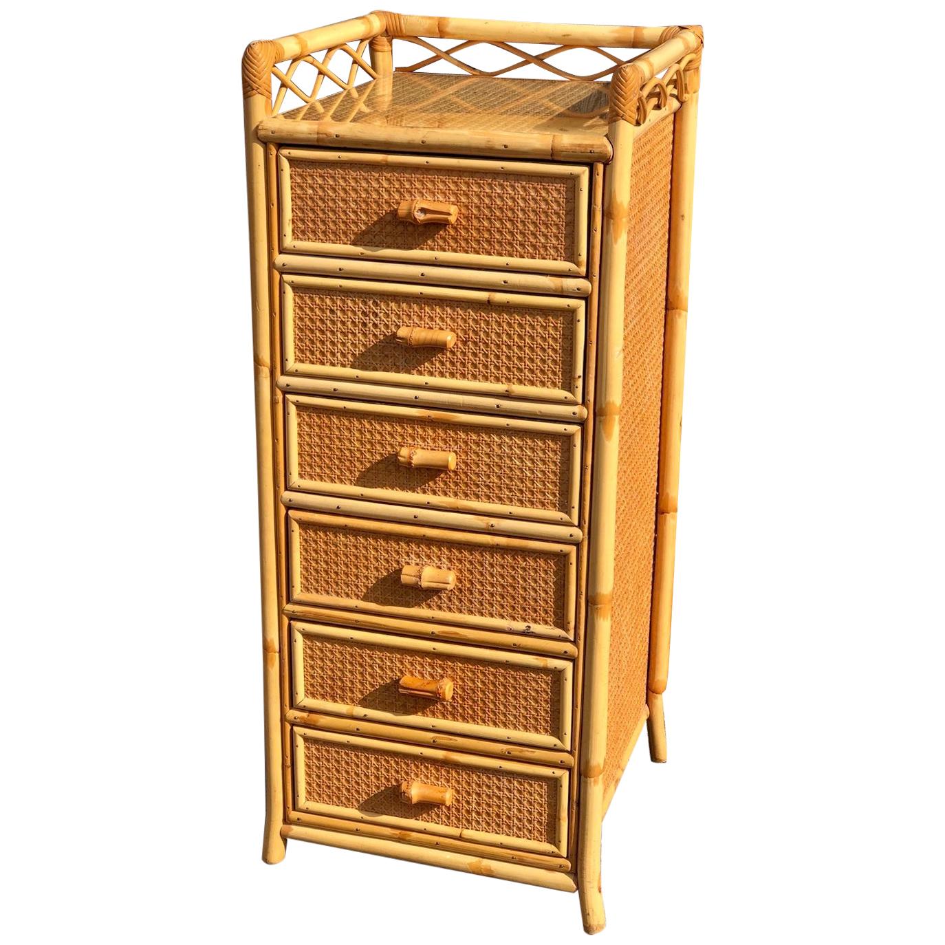Midcentury Rattan Highboy / Tallboy Chest of Drawers by Angraves, England, 1970s For Sale