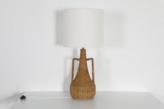 Mid-Century Rattan Jug-Shaped Table Lamp with Custom Linen Shade