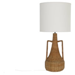 Mid-Century Rattan Jug-Shaped Table Lamp with Custom Linen Shade