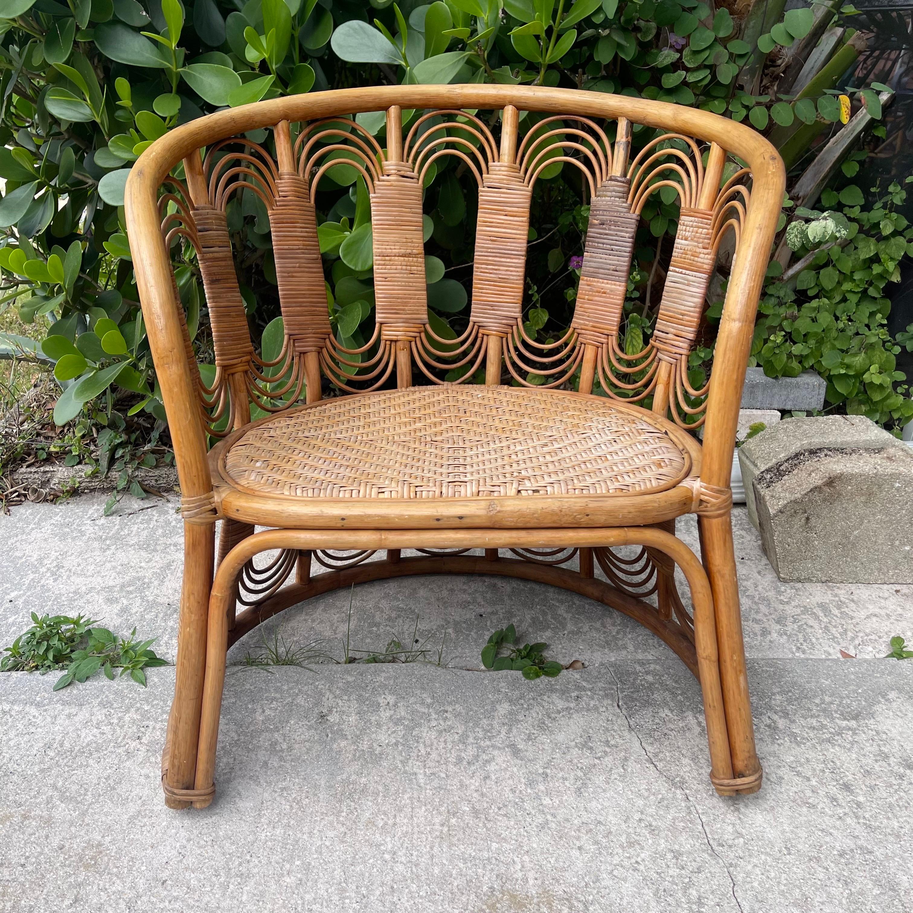 20th Century Mid-Century Rattan Loop Tub Club Chair, Woven Cane Seat For Sale