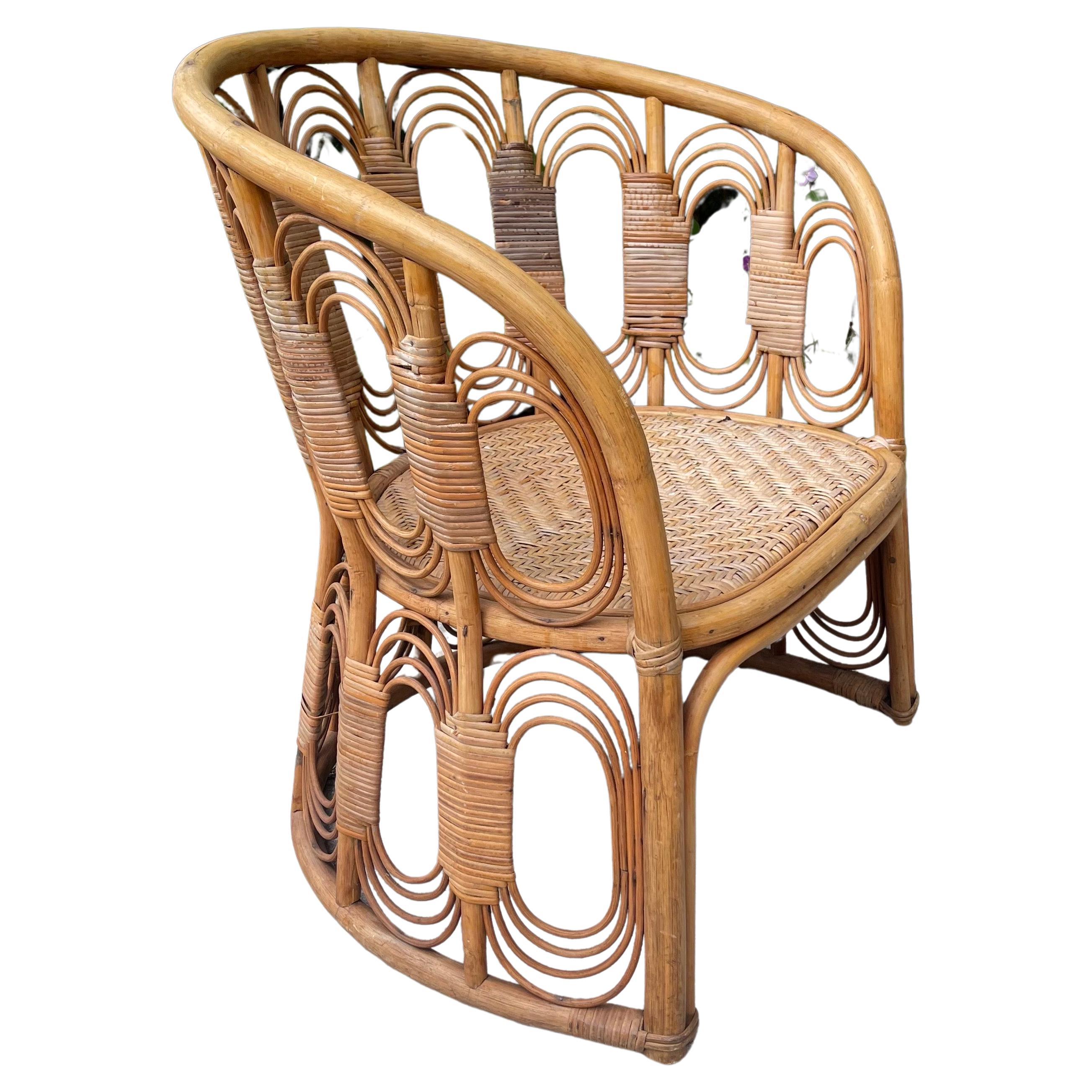 Mid-Century Rattan Loop Tub Club Chair, Woven Cane Seat For Sale
