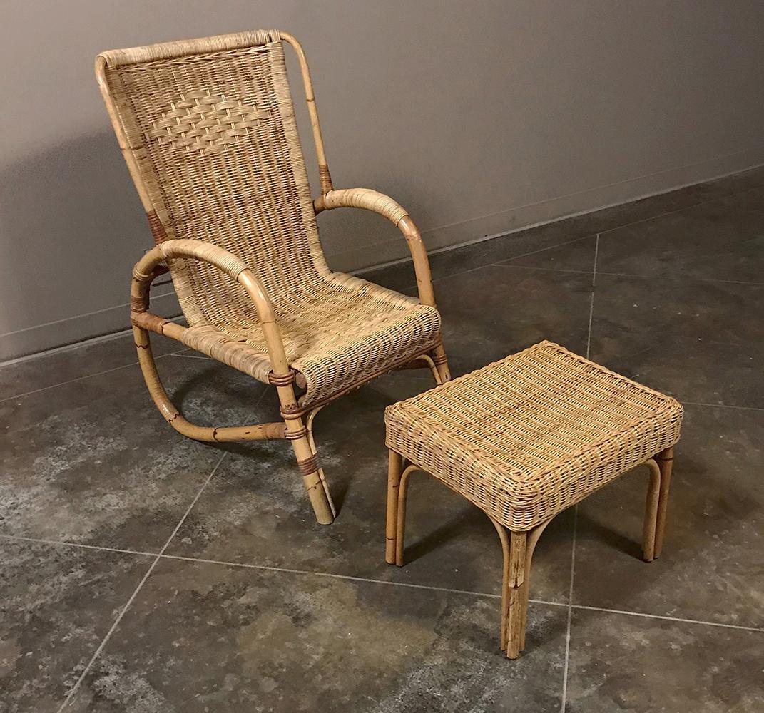 Mid-Century Rattan Lounge Chair and Footstool by Huis Kenninck of Gent In Good Condition In Dallas, TX