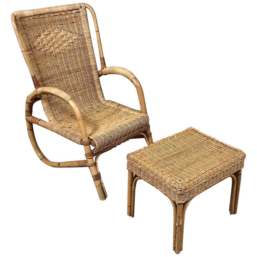 Mid-Century Rattan Lounge Chair and Footstool by Huis Kenninck of Gent