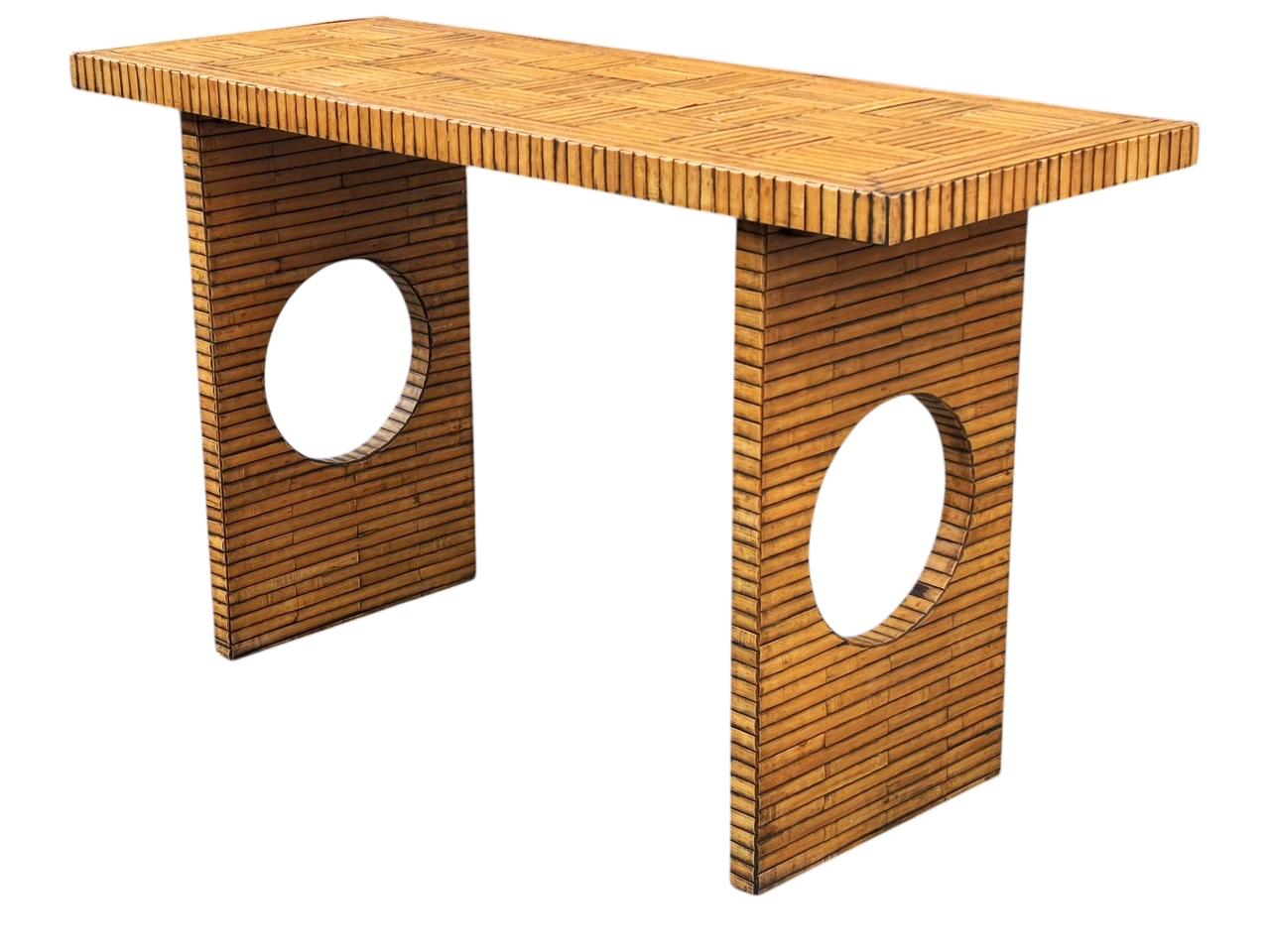 American Mid Century Rattan Modern Faux Split Reed & Bamboo Console Table or Sofa Table For Sale