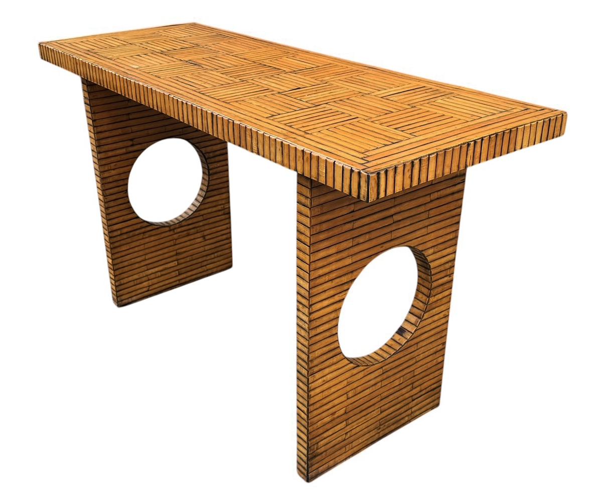 Late 20th Century Mid Century Rattan Modern Faux Split Reed & Bamboo Console Table or Sofa Table For Sale