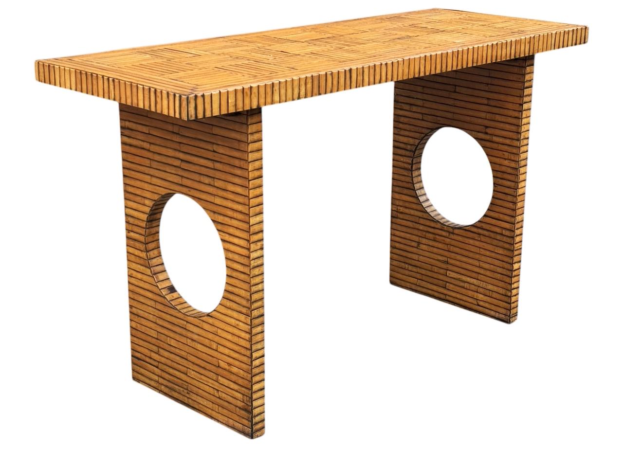 Wood Mid Century Rattan Modern Faux Split Reed & Bamboo Console Table or Sofa Table For Sale