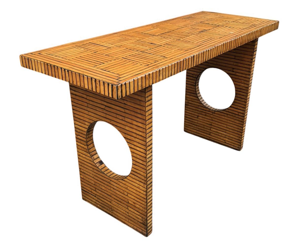 Mid Century Rattan Modern Faux Split Reed & Bamboo Console Table or Sofa Table For Sale 1