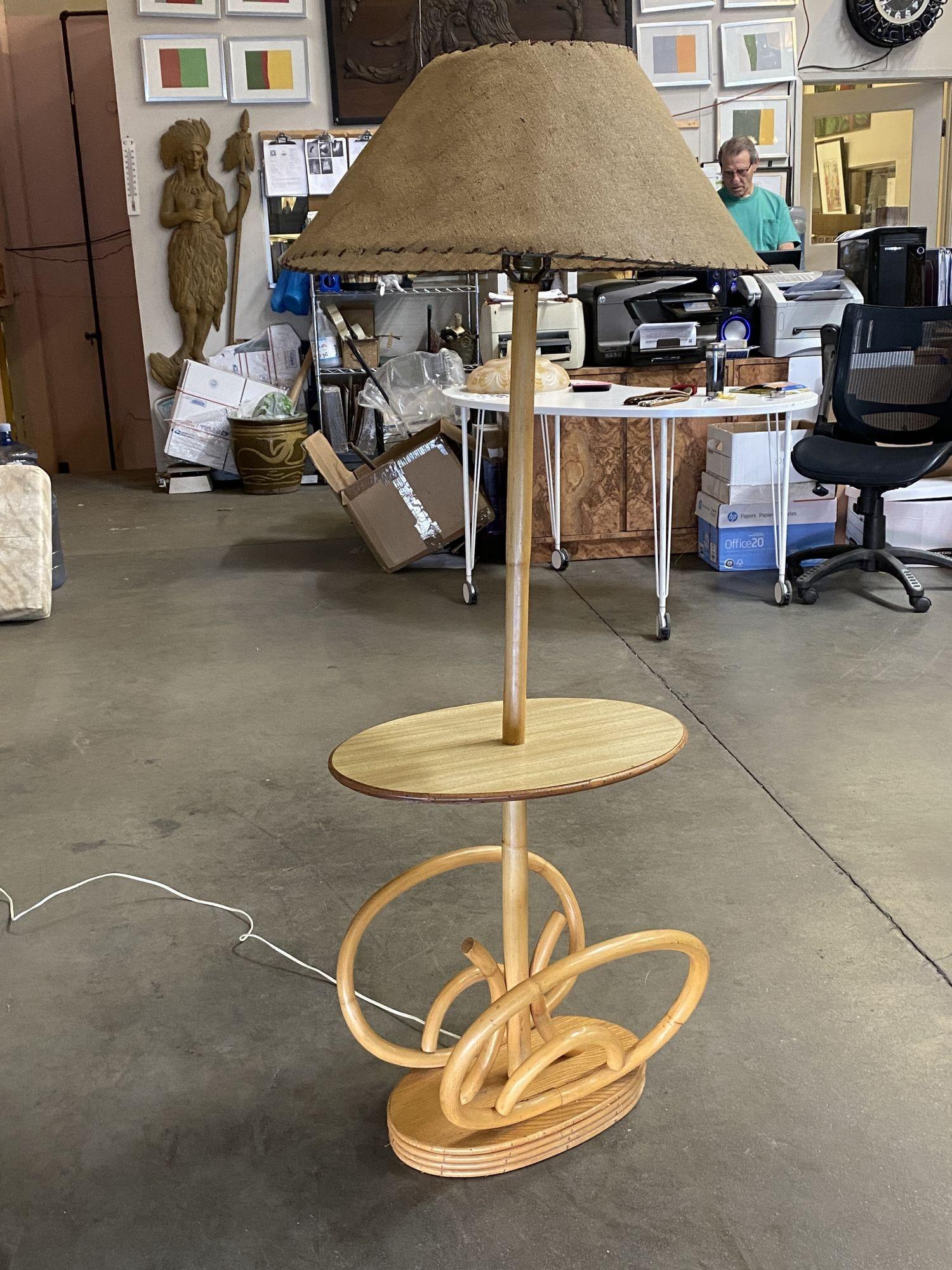 Restored Mid Century Rattan Pole Floor Lamp w/ Drink Stand For Sale 2