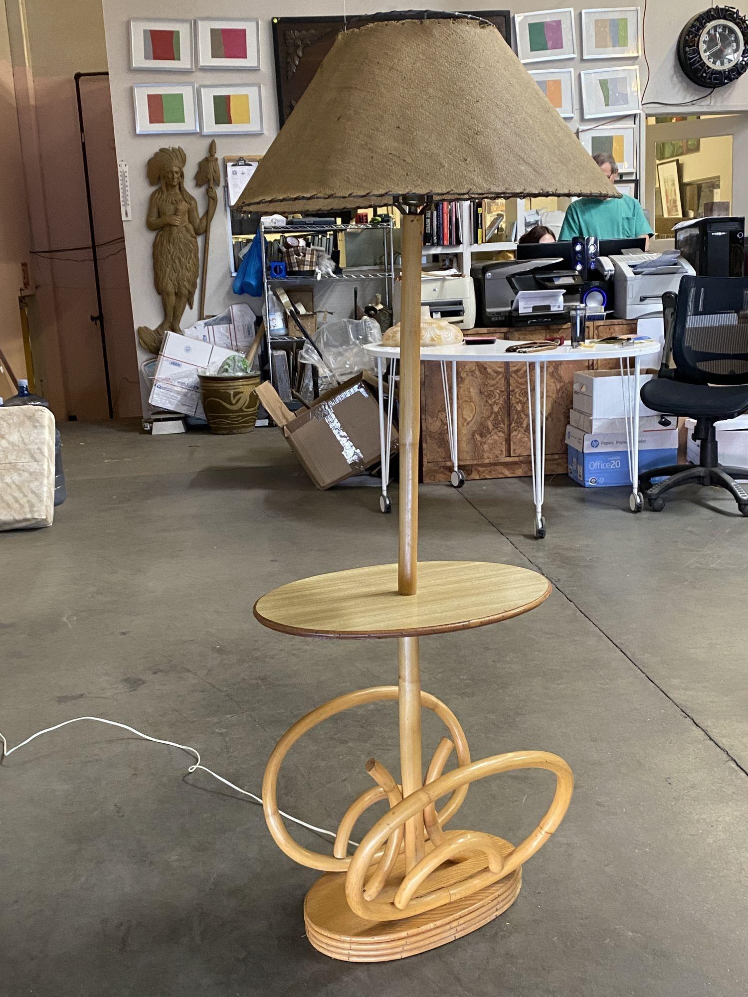 Restored Mid Century Rattan Pole Floor Lamp w/ Drink Stand For Sale 1