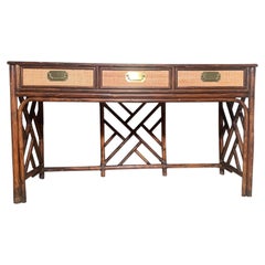 Mid-Century Rattan Side Table, Three Drawers, Glazed Top, 1950s