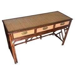 Mid-Century Rattan Side Table, Three Drawers, Glazed Top, 1950s