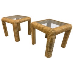 Midcentury Rattan Split Reed End Tables, a Pair