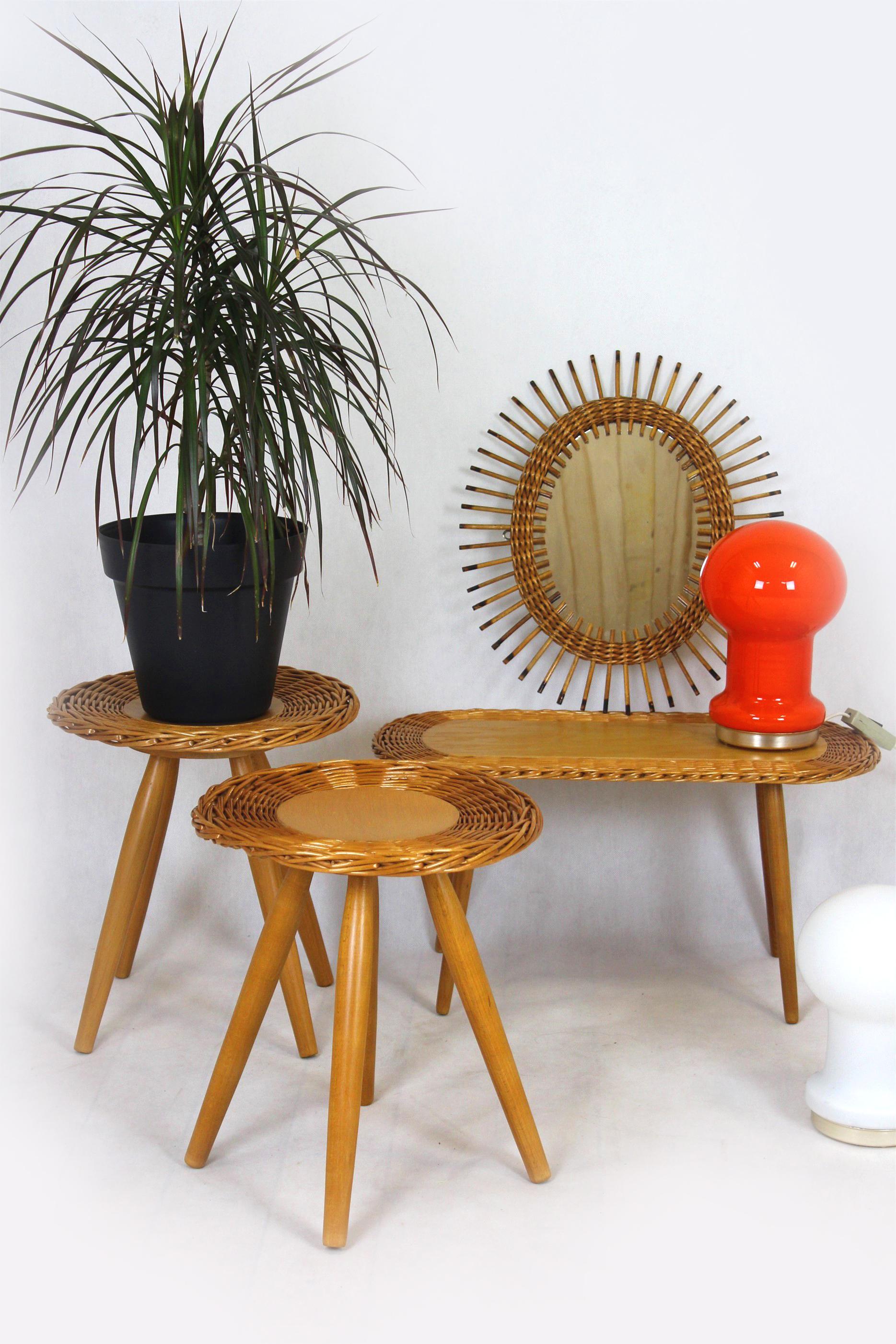 Czechoslovakian rattan stools/flower stands, designed by Jan Kalous for Úluv in the 1960s.
Preserved in very good condition.