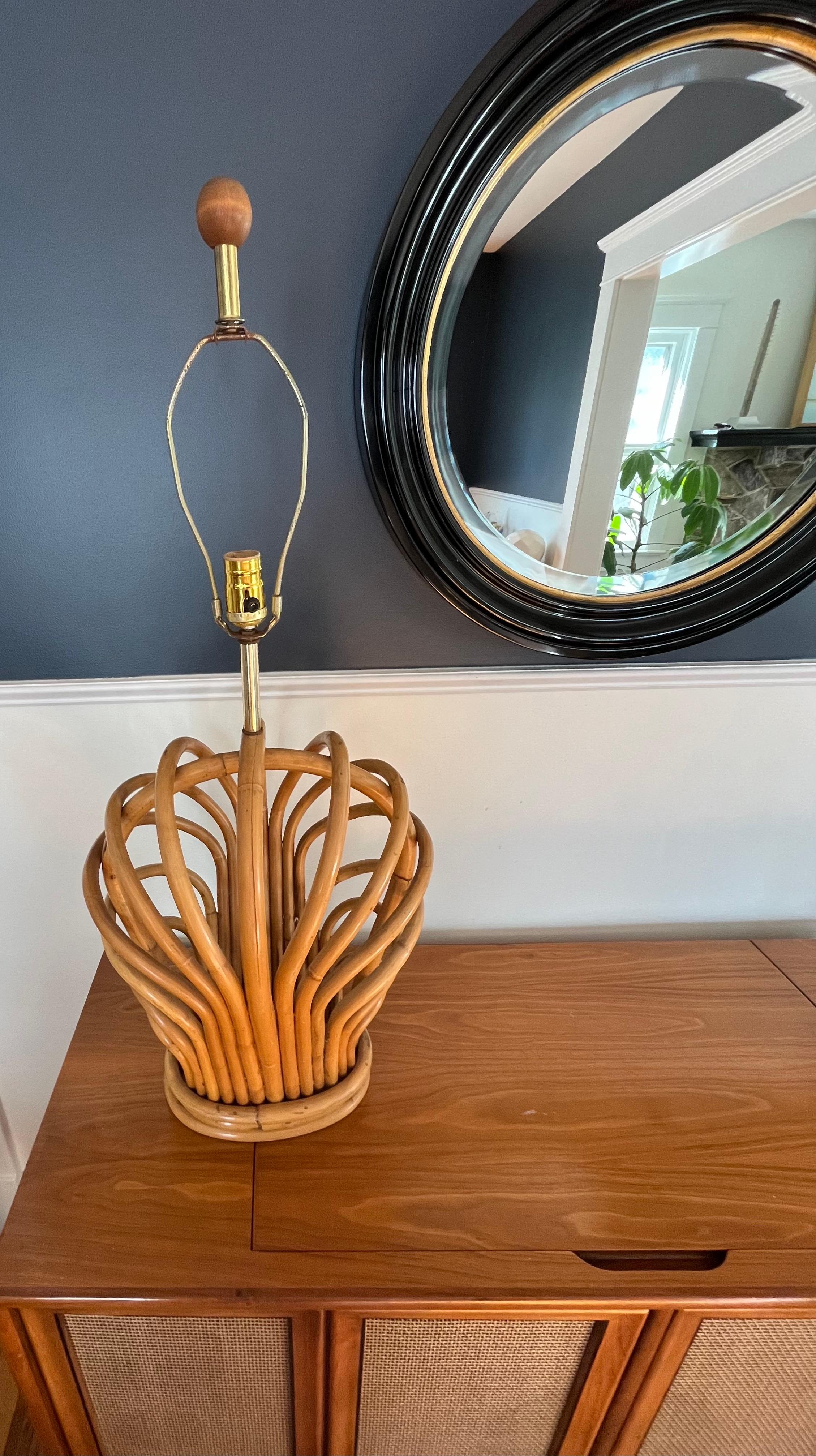 Large mid century rattan or bamboo table lamp. Great presence with minimalist pop. 